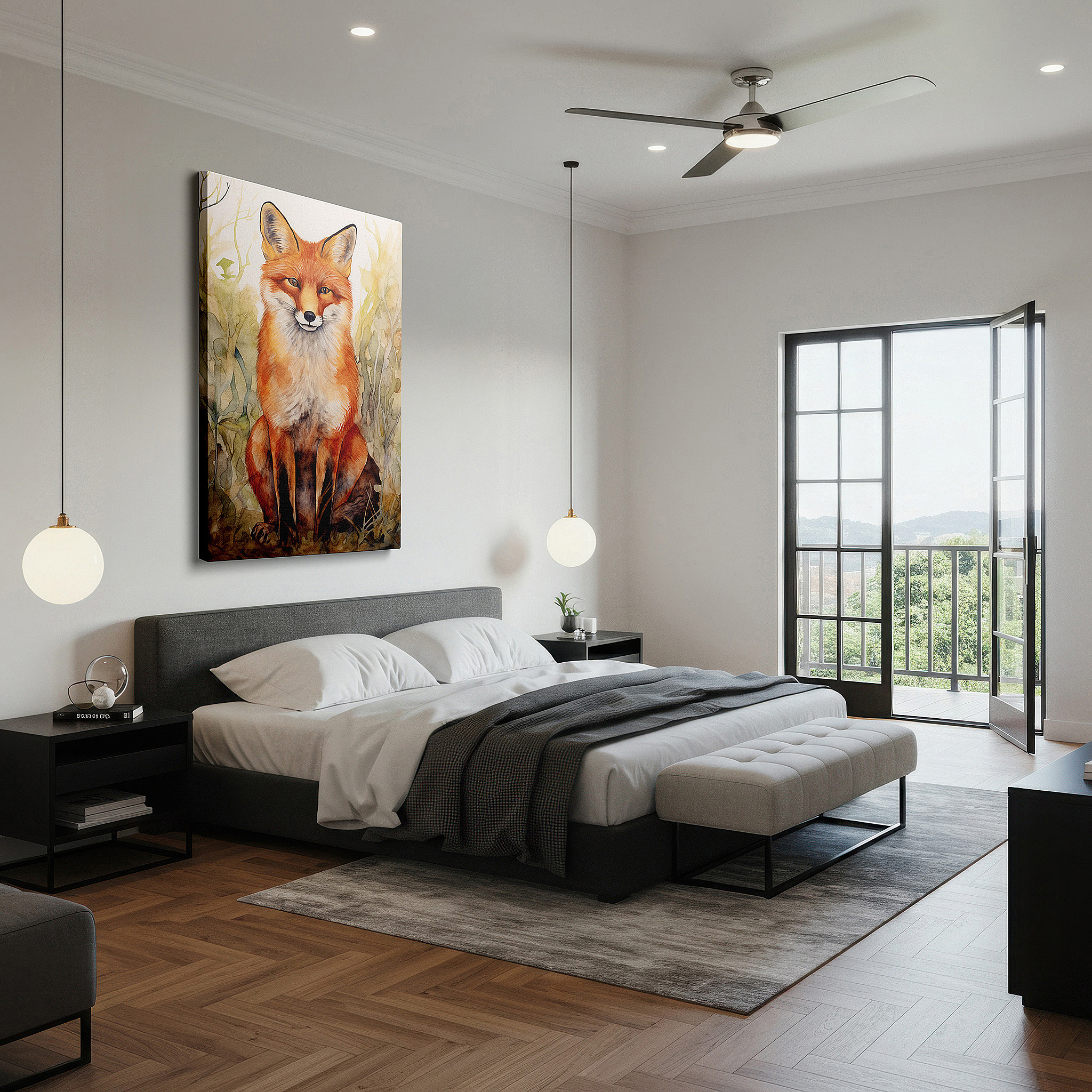 Set in a minimalist interior with textured walls and soft rugs — enchanting fox in tranquil vigilance: a masterful watercolor depiction of the wild spirit, large wall art, canvas wall art