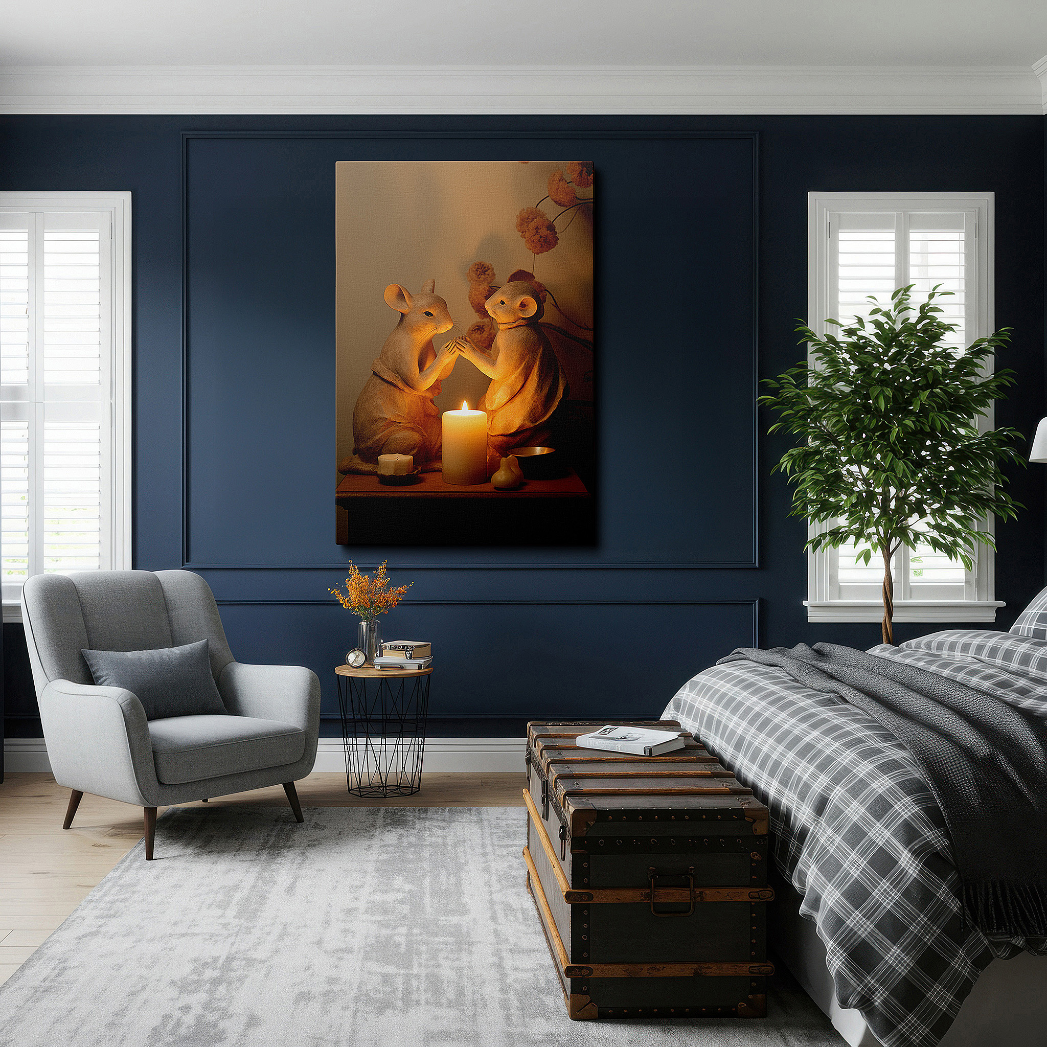 Set in a minimalist interior with textured walls and soft rugs — enchanting mouse figurines in candlelight shadow play: whimsical large wall art, canvas decor for office and home