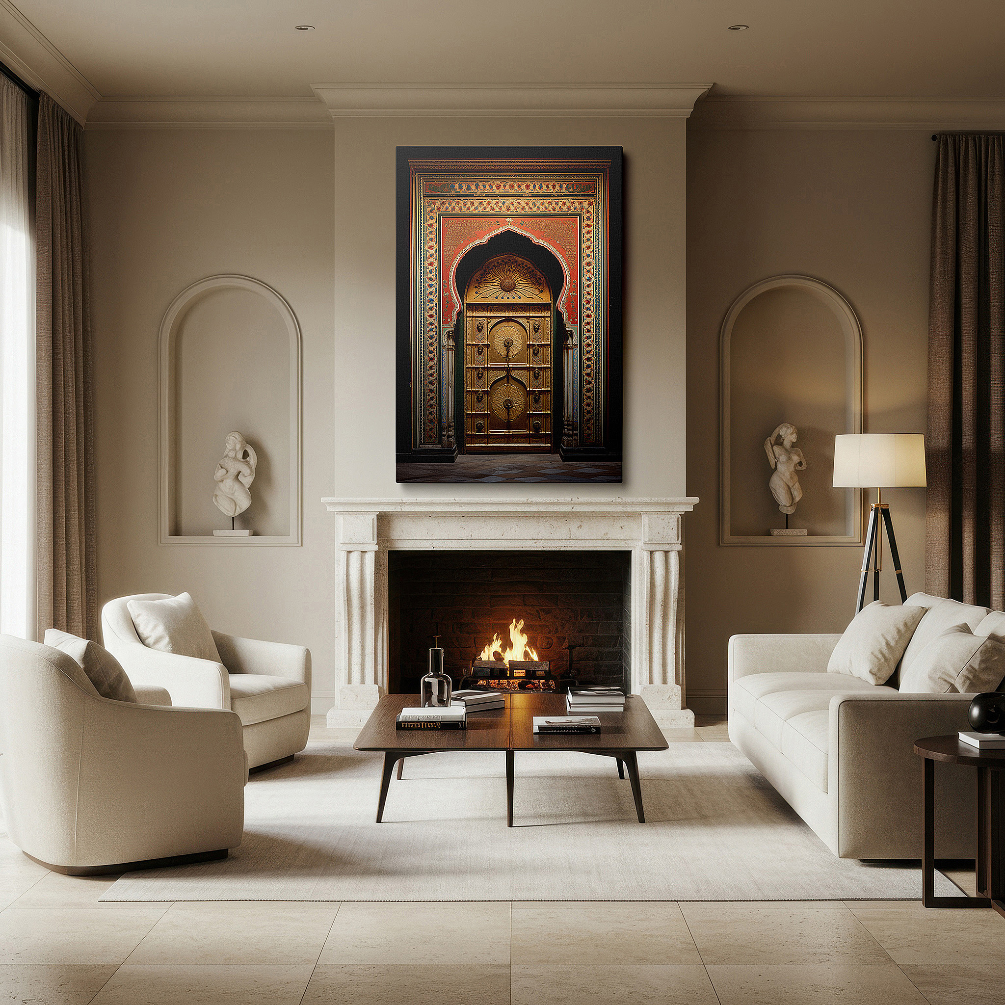Set in a minimalist interior with textured walls and soft rugs — explore cultural treasures with vibrant, historically inspired large wall art for offices and bedrooms