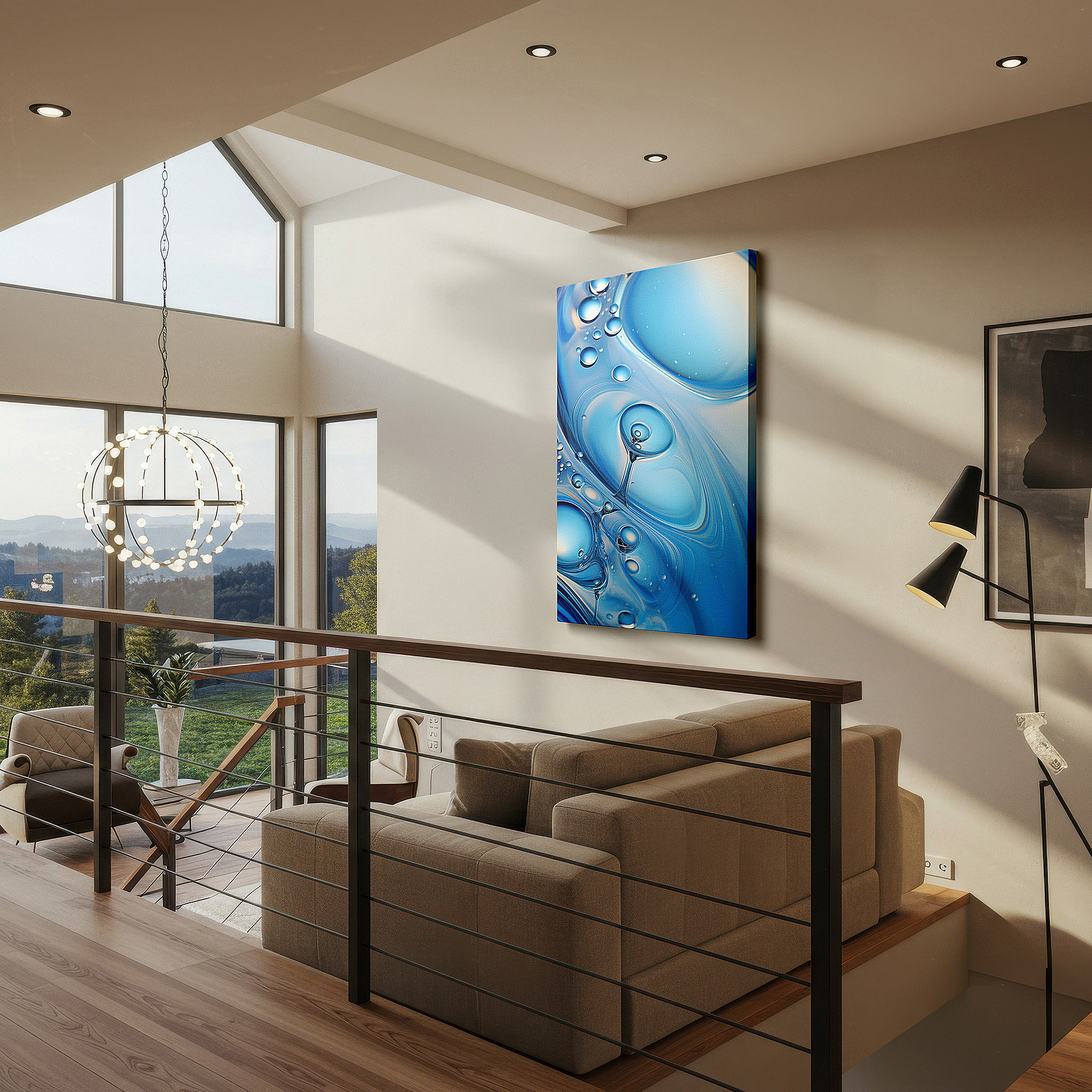 Set in a minimalist interior with textured walls and soft rugs — exploring aquatic blues: abstract water essence with dynamic textures and luminous light interplay - large canvas wall art decor
