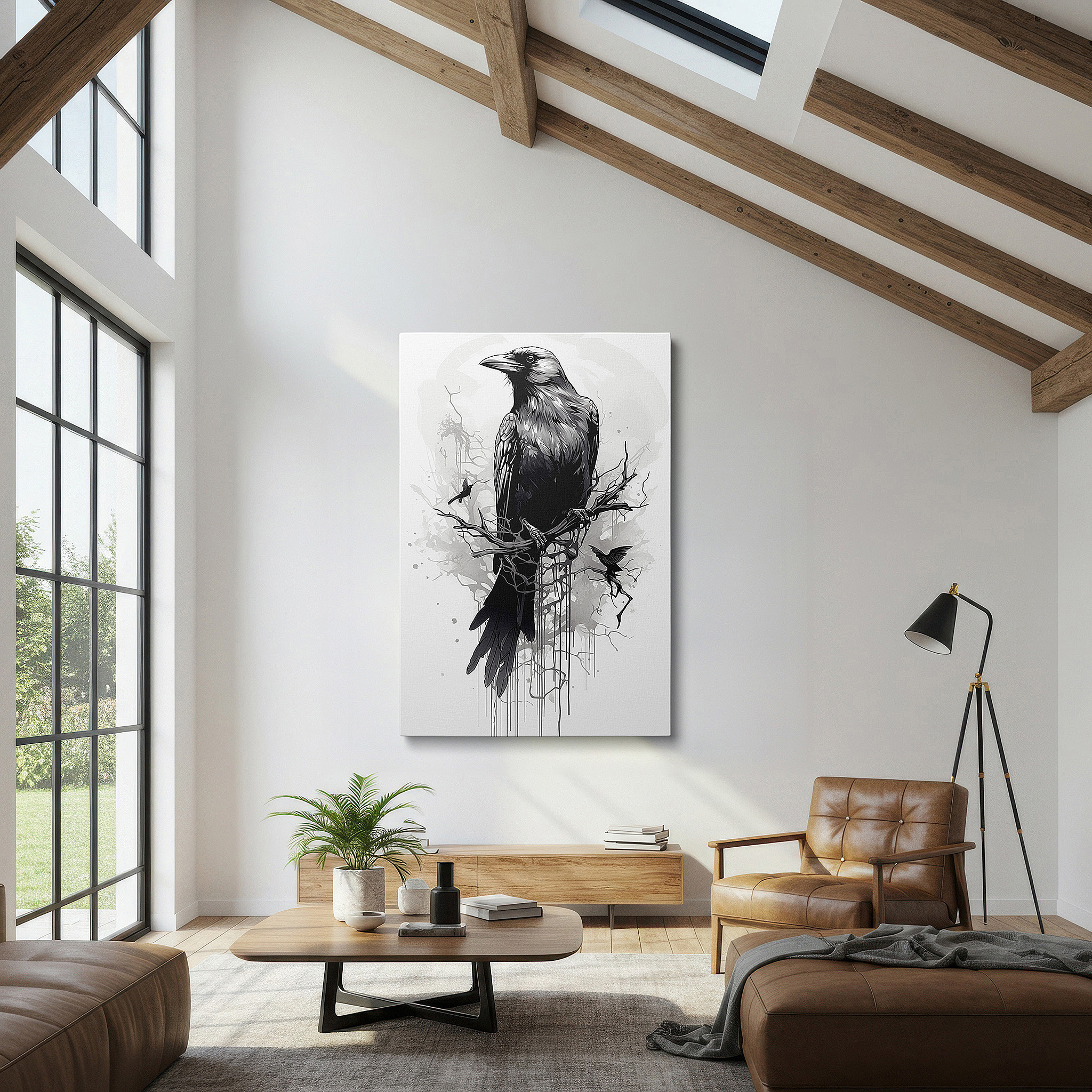 Set in a minimalist interior with textured walls and soft rugs — exquisite black and white illustration of a detailed bird perched elegantly - large wall art, canvas wall art, wall decor for office