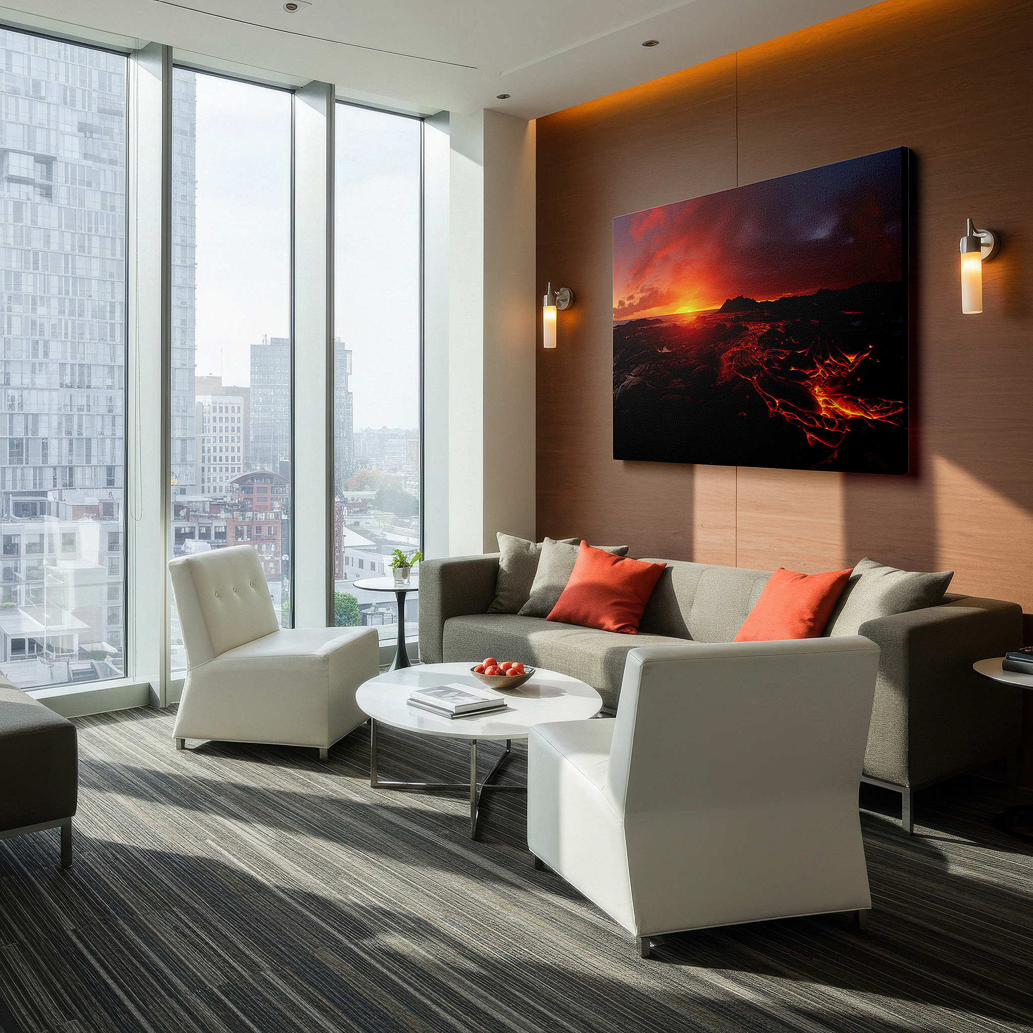 Set in a minimalist interior with textured walls and soft rugs — fiery eruption and serene ocean at sunset: a vivid dance of creation and destruction - large wall art, canvas wall art, wall decor for office