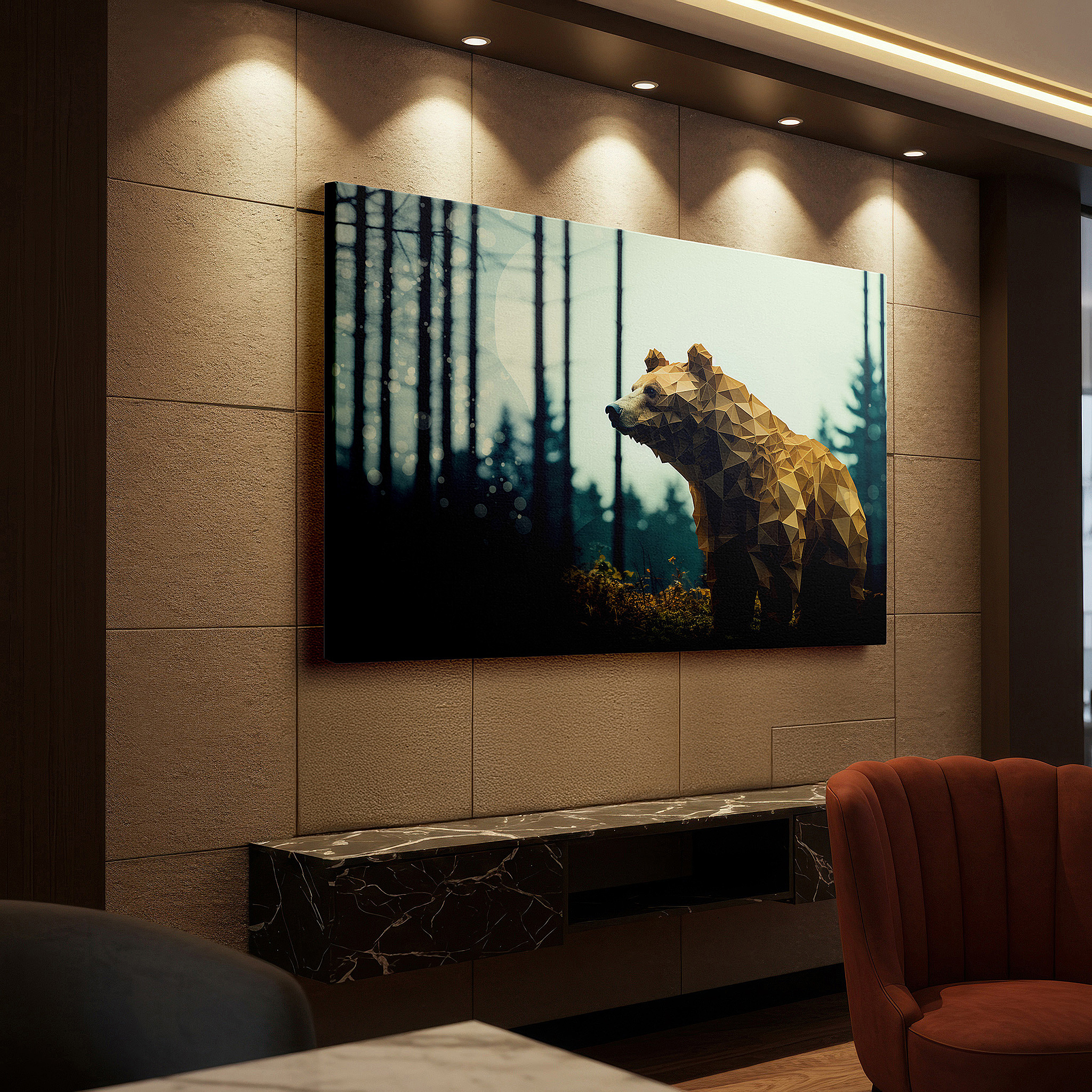 Set in a minimalist interior with textured walls and soft rugs — geometric bear in nature: a stunning blend of wildlife and creativity - large wall art, canvas wall art, wall decor for office and bedroom
