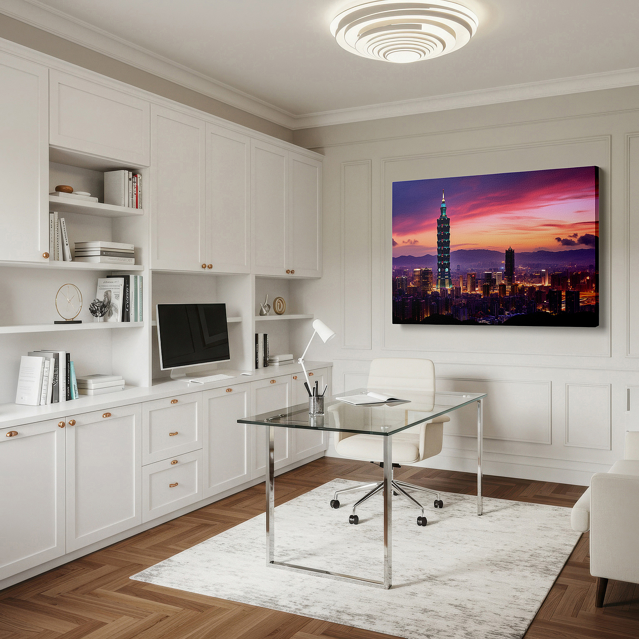 Set in a minimalist interior with textured walls and soft rugs — golden splendor of taipei 101 amidst a luminous cityscape at night - large wall art, canvas wall art, wall art decor for office and bedroom