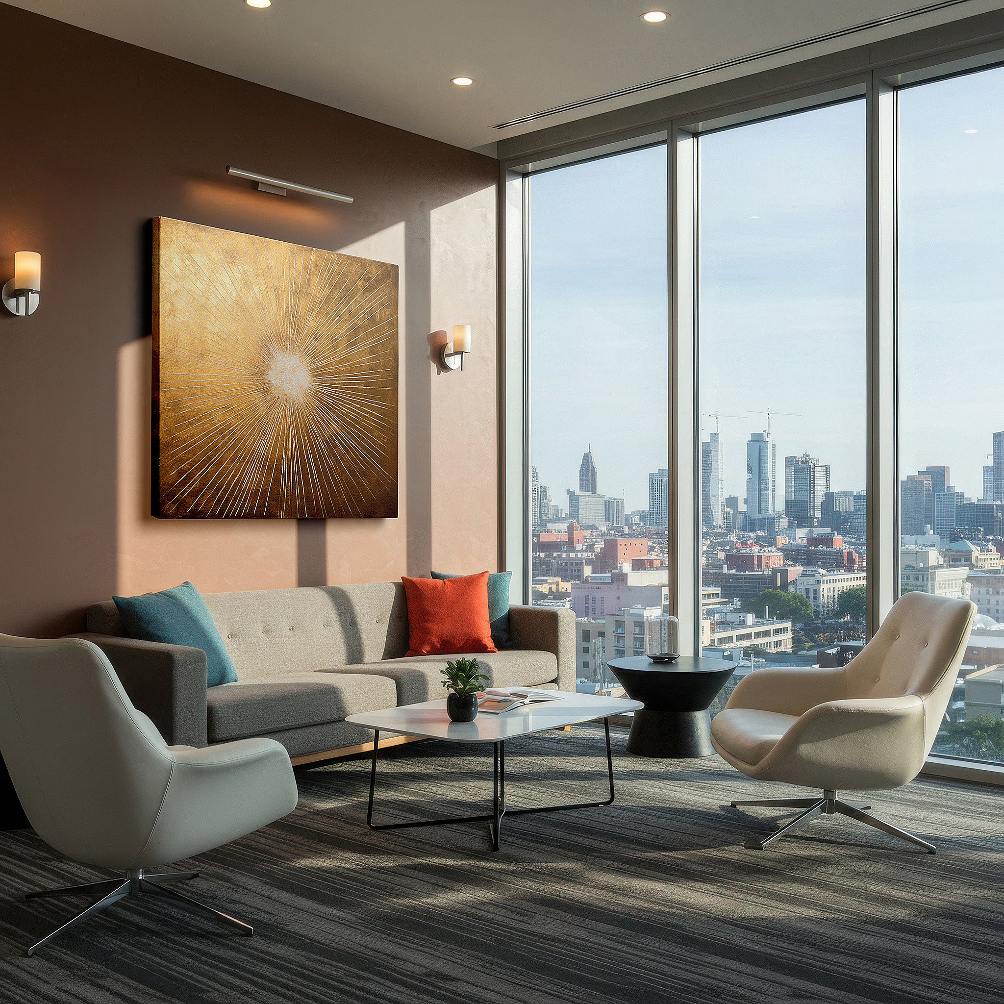 Set in a minimalist interior with textured walls and soft rugs — golden sunburst radiance, illuminating and warming any space - large wall art, canvas wall art, wall decor for offices and bedrooms