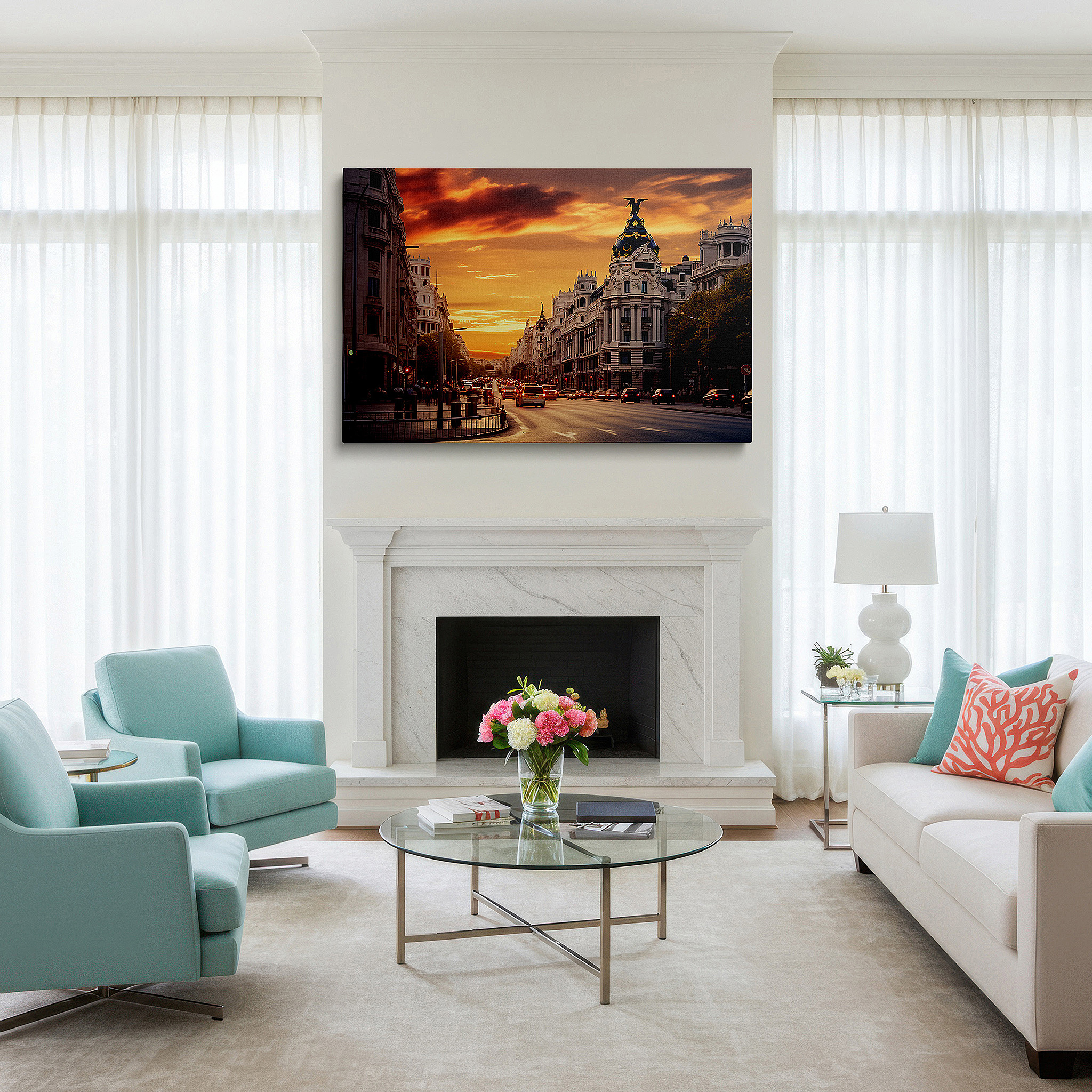Set in a minimalist interior with textured walls and soft rugs — golden sunset on historic european street: a blend of architectural grandeur and celestial charm - large wall art, canvas wall art, wall decor