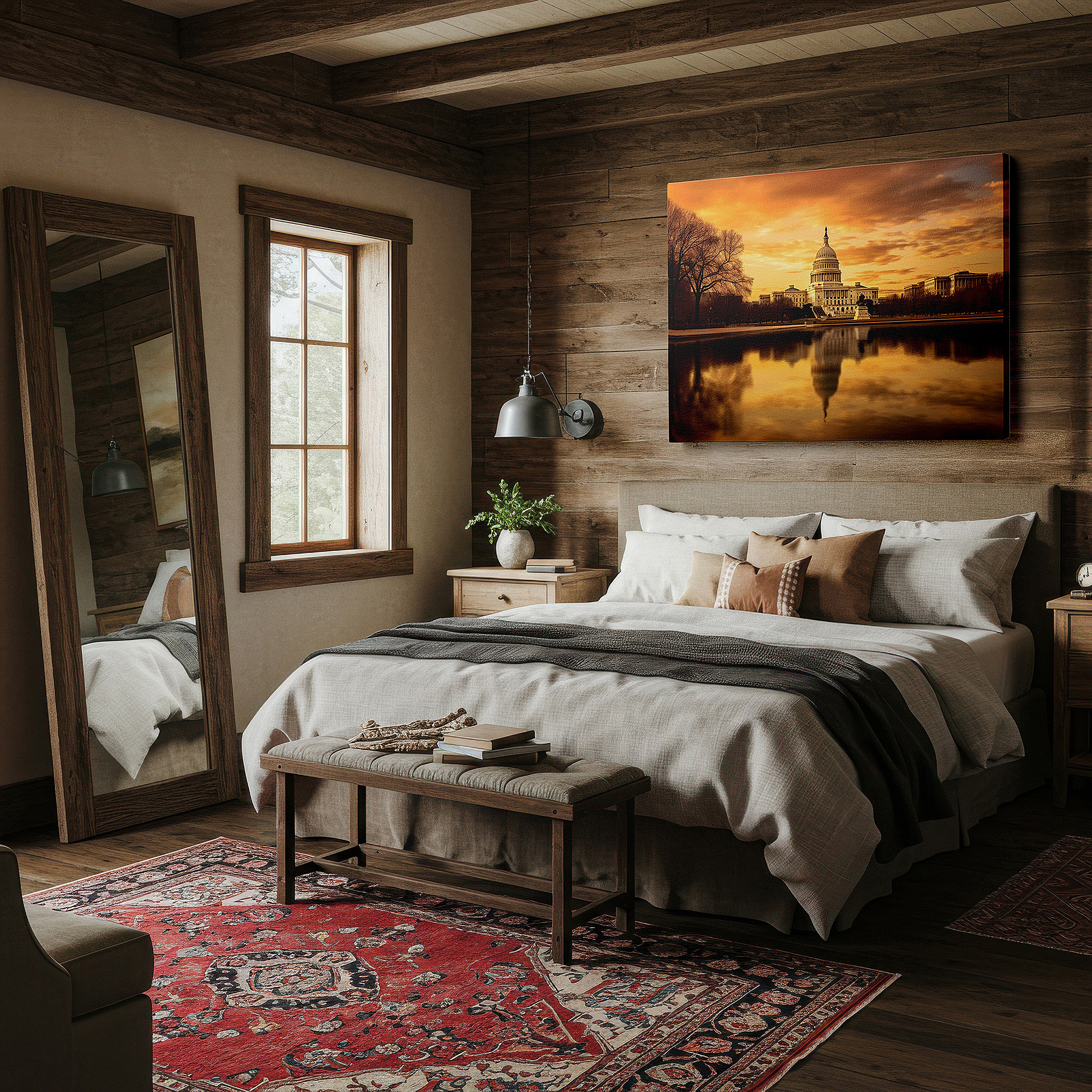 Set in a minimalist interior with textured walls and soft rugs — golden sunset at the u.s. capitol with the reflecting pool as a serene mirror, symbolizing the strength of democracy - large wall art, canvas wall art, wall decor