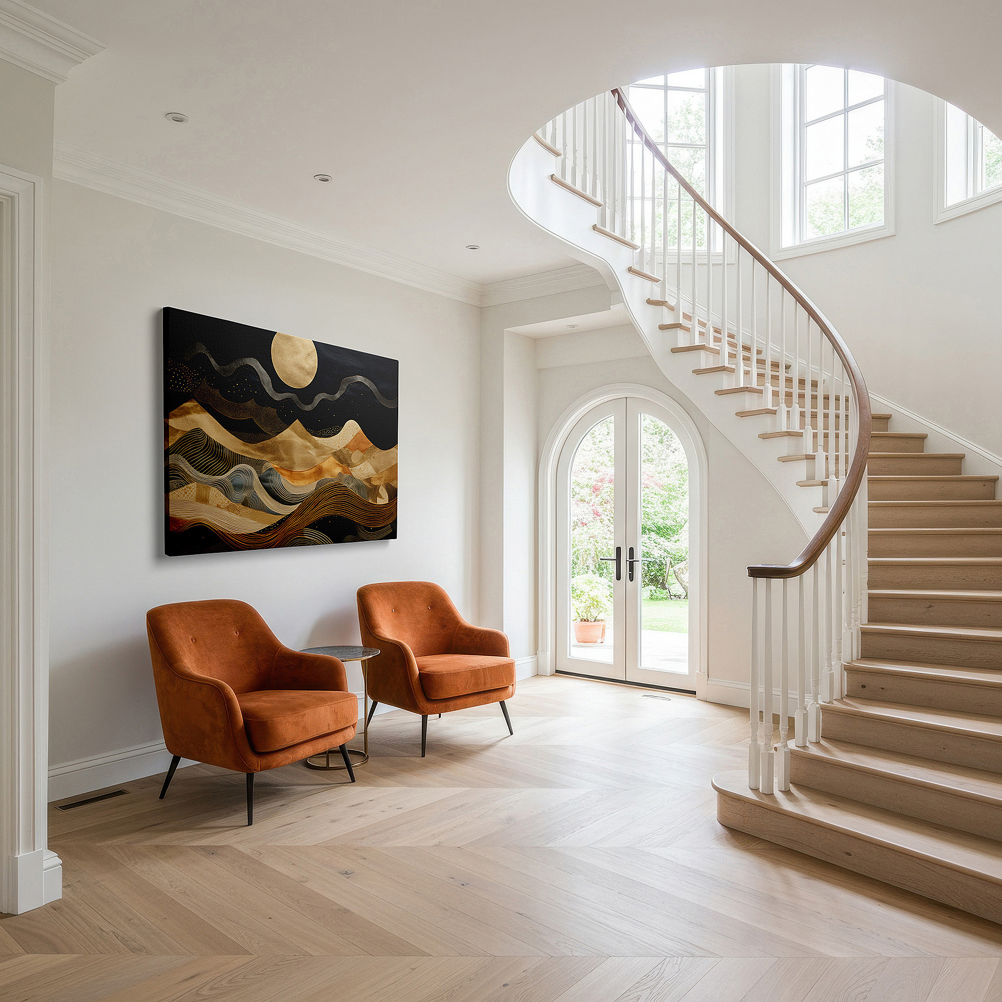 Set in a minimalist interior with textured walls and soft rugs — golden waves and bright moon in a mysterious abstract landscape, large canvas wall art for home and office decor