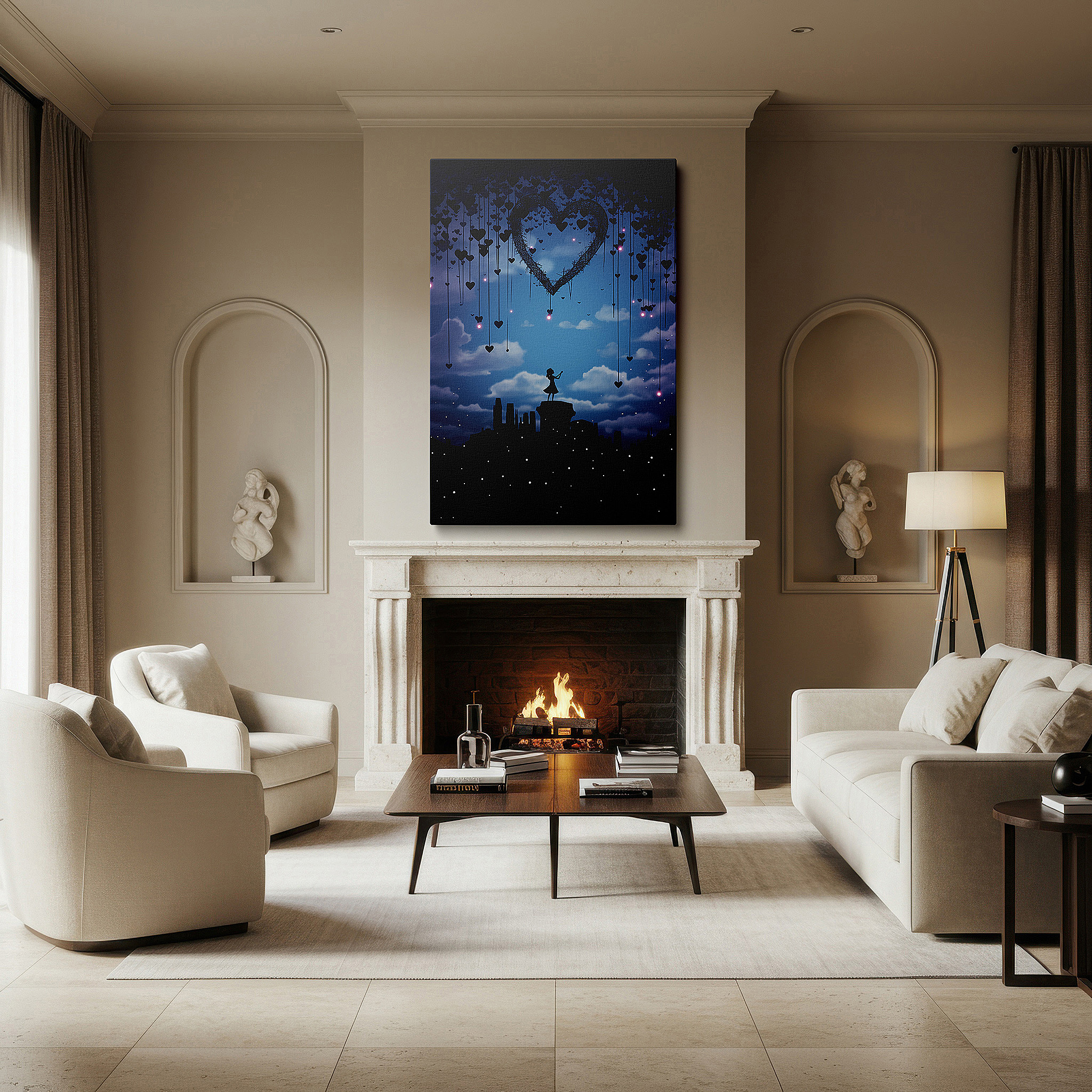 Set in a minimalist interior with textured walls and soft rugs — heart-shaped constellation over girl on cliff - symbolizing love and hope, large canvas wall art for home and office decor