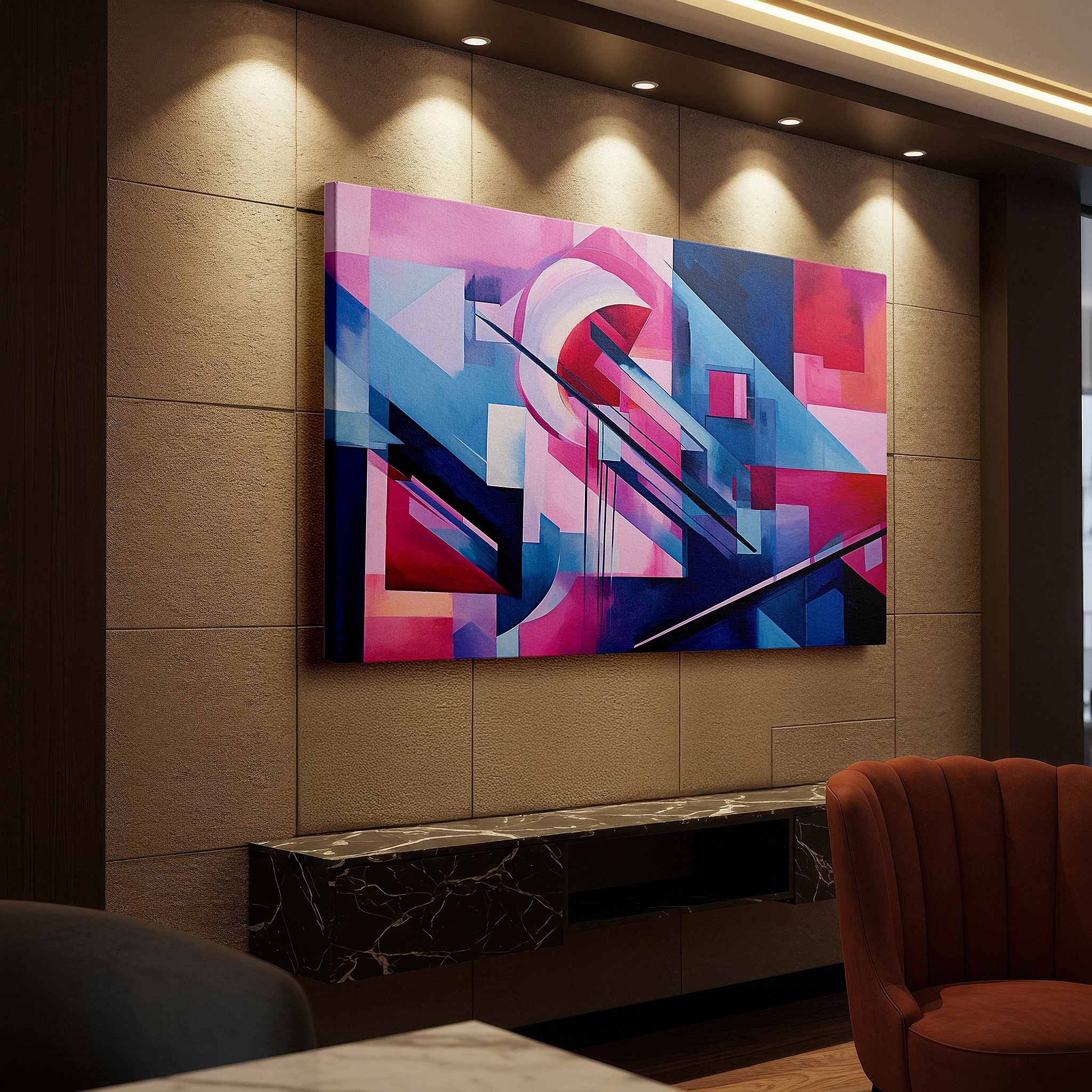 Set in a minimalist interior with textured walls and soft rugs — ignite your imagination with vibrant geometric large wall art, canvas decor for home and office