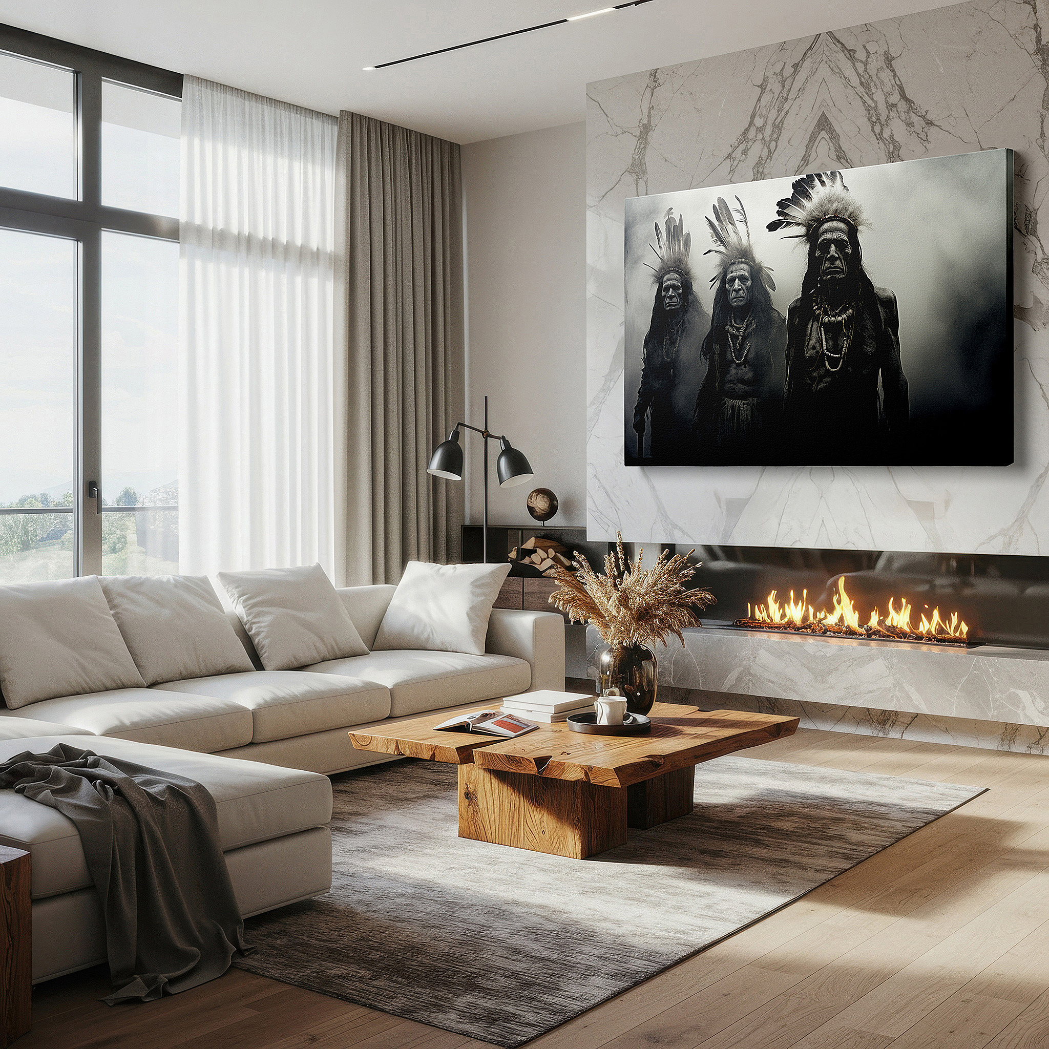 Set in a minimalist interior with textured walls and soft rugs — indigenous spirit echoes - ethereal figures adorned in mist large wall art, canvas wall art, wall decor, office wall art
