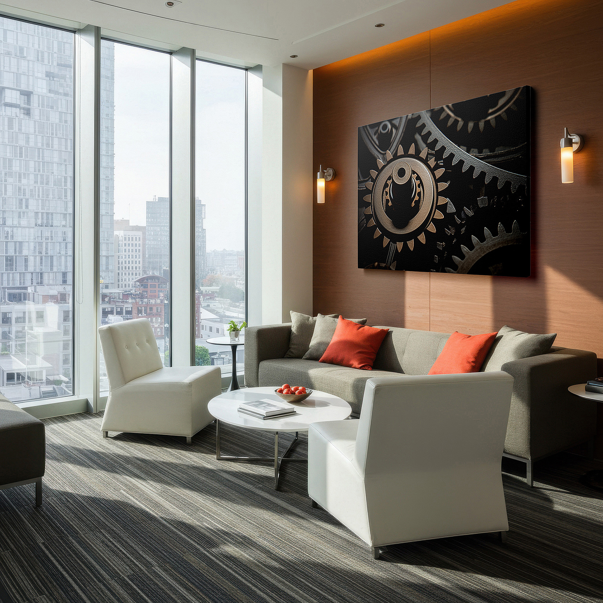 Set in a minimalist interior with textured walls and soft rugs — interlocking metal gears wall art: a symphony of mechanical precision and artistic flair, perfect for office or bedroom decor, available as large canvas