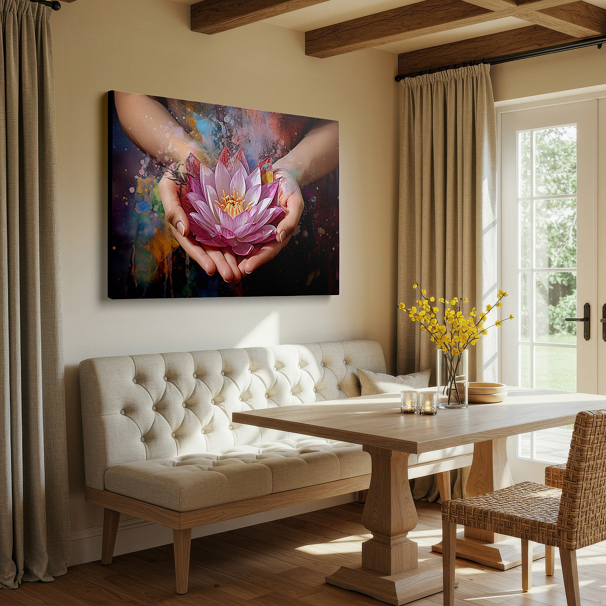 Set in a minimalist interior with textured walls and soft rugs — large wall art canvas depicting hands cradling a lotus in a symbolic dance of purity and rebirth, highlighting the connection between humanity and nature