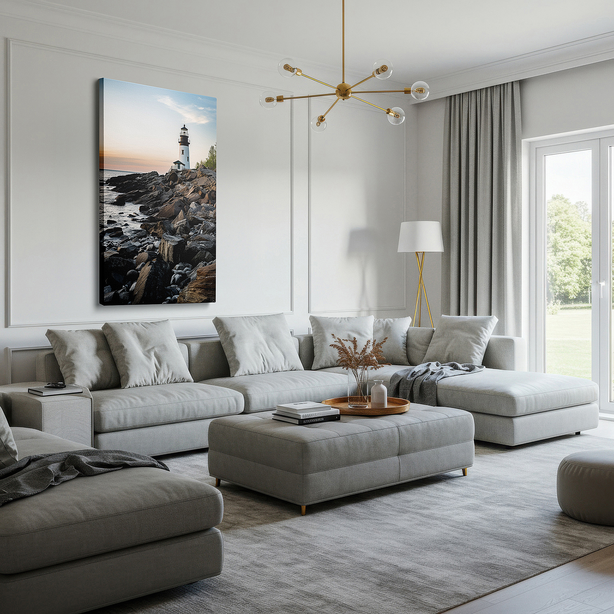Set in a minimalist interior with textured walls and soft rugs — lighthouse at sunset wall art: majestic beacon against tranquil coastal hues - large canvas for home and office decor