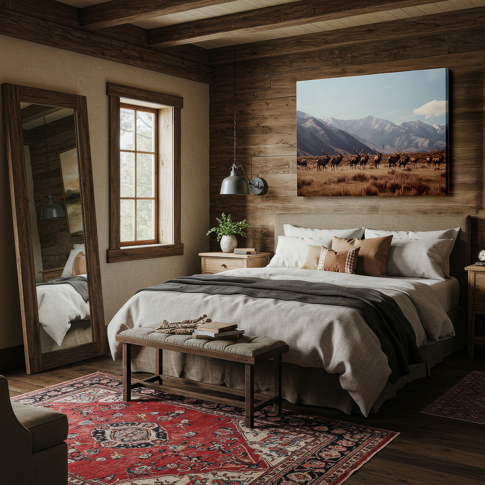 Set in a minimalist interior with textured walls and soft rugs — majestic elk herd grazing in serene mountain landscape - large canvas wall art for office, bedroom, and living room decor