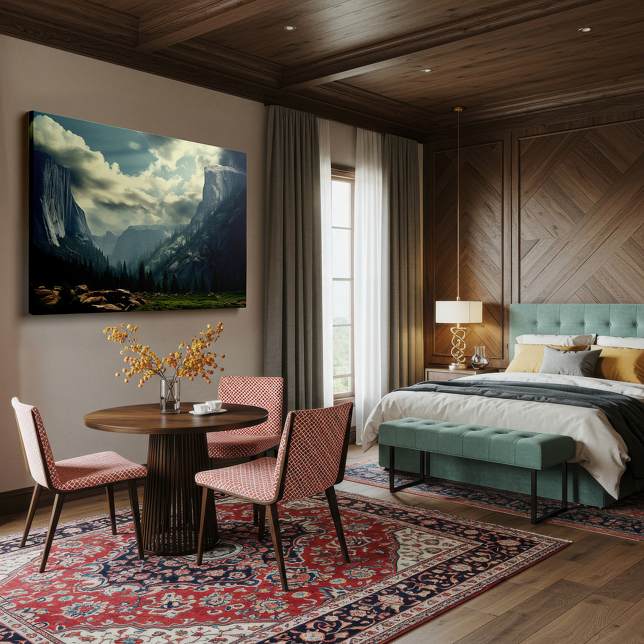 Set in a minimalist interior with textured walls and soft rugs — majestic mountains and moody skies: a tranquil yet dramatic landscape - large wall art, canvas wall art, wall decor for offices and bedrooms