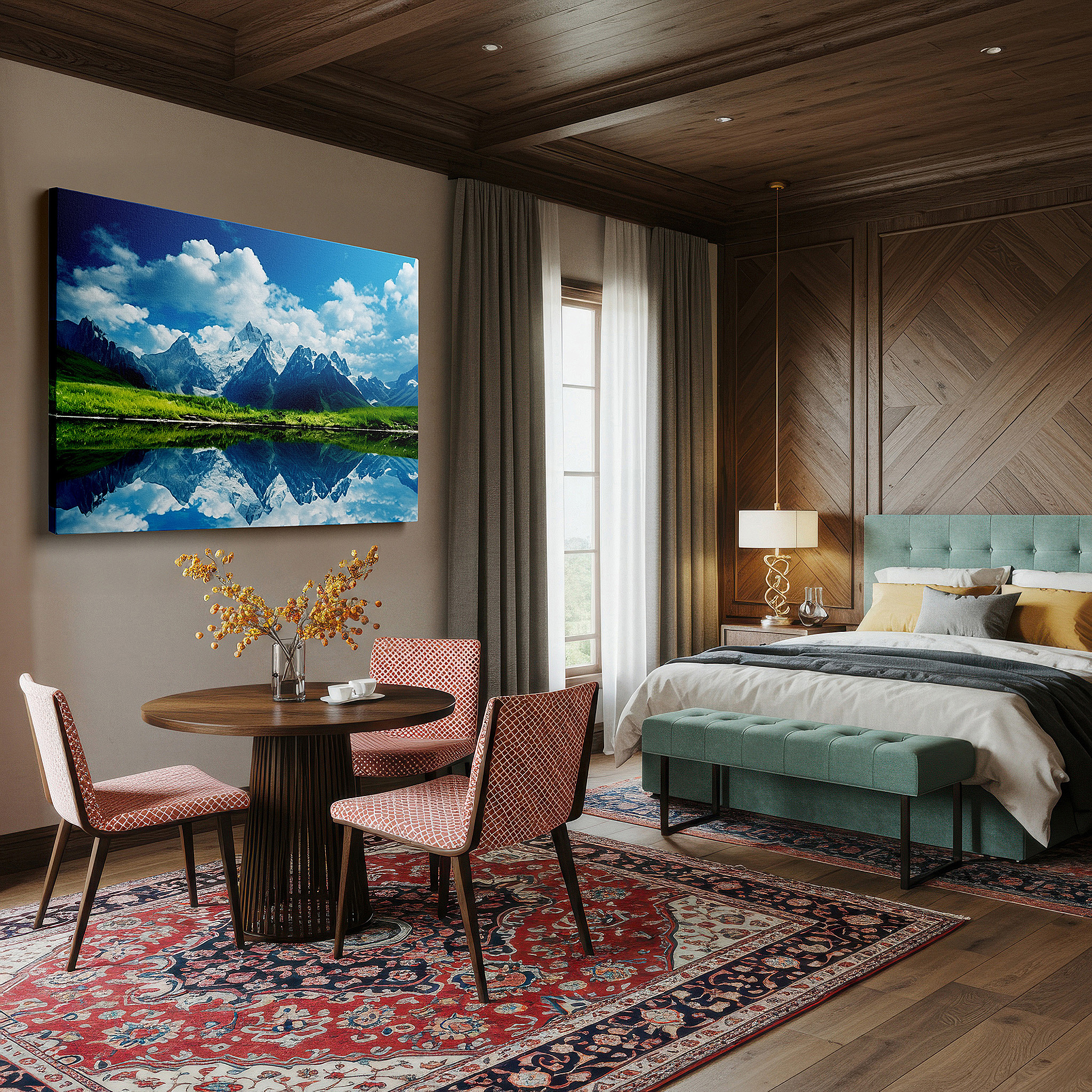 Set in a minimalist interior with textured walls and soft rugs — majestic mountains and serene lake - tranquil wilderness reflection large wall art, canvas wall art, wall decor for office and bedroom