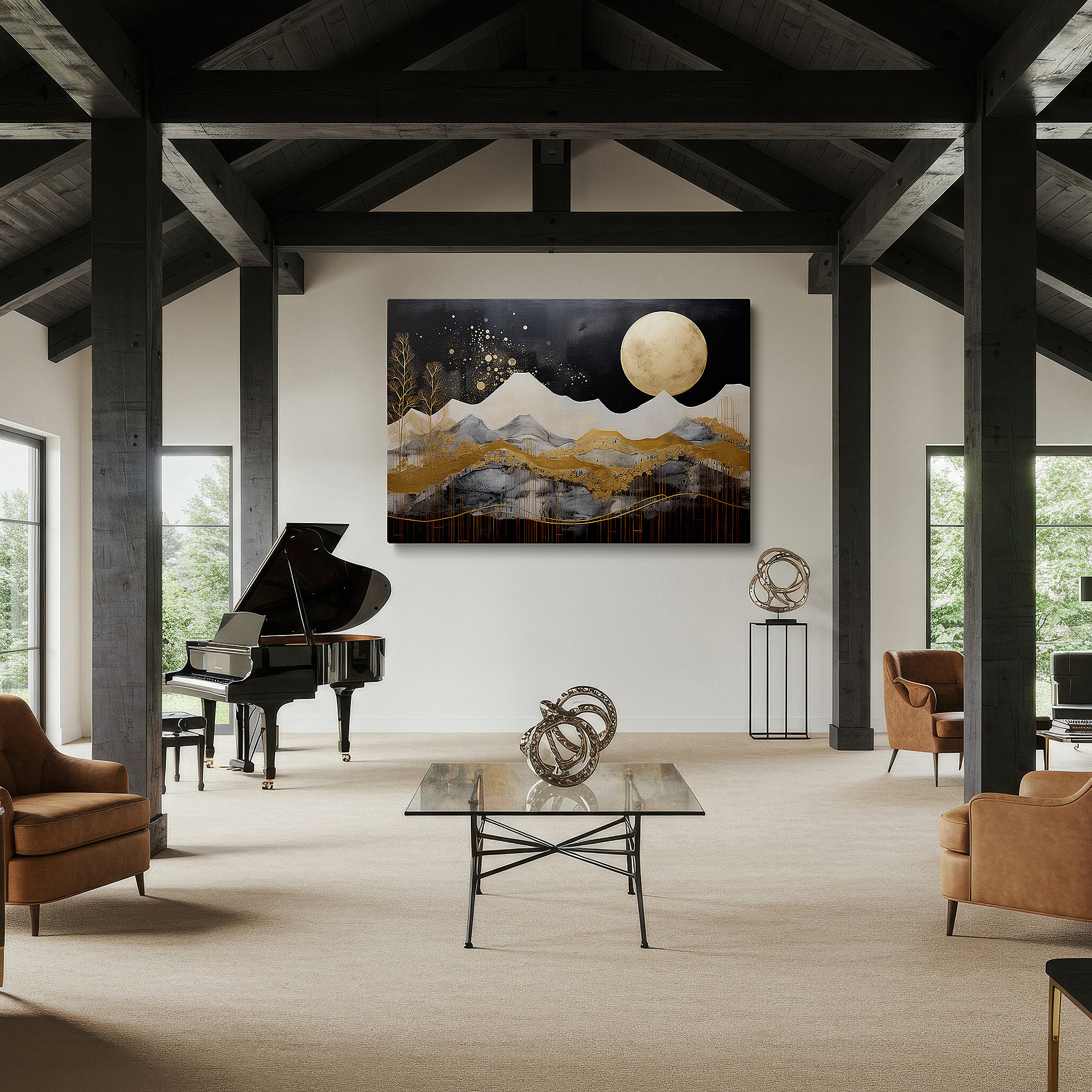 Set in a minimalist interior with textured walls and soft rugs — majestic peaks and golden moonlight: a symphony of nature and cosmos - abstract large wall art, canvas wall art, wall decor for offices