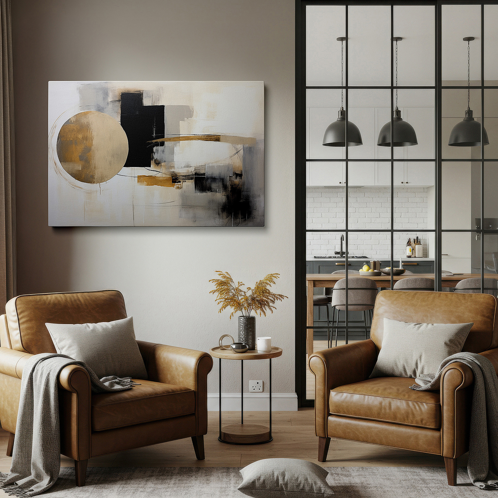 Set in a minimalist interior with textured walls and soft rugs — modern abstract art in gold and black, large canvas wall art depicting modernism and creativity, ideal for office decor