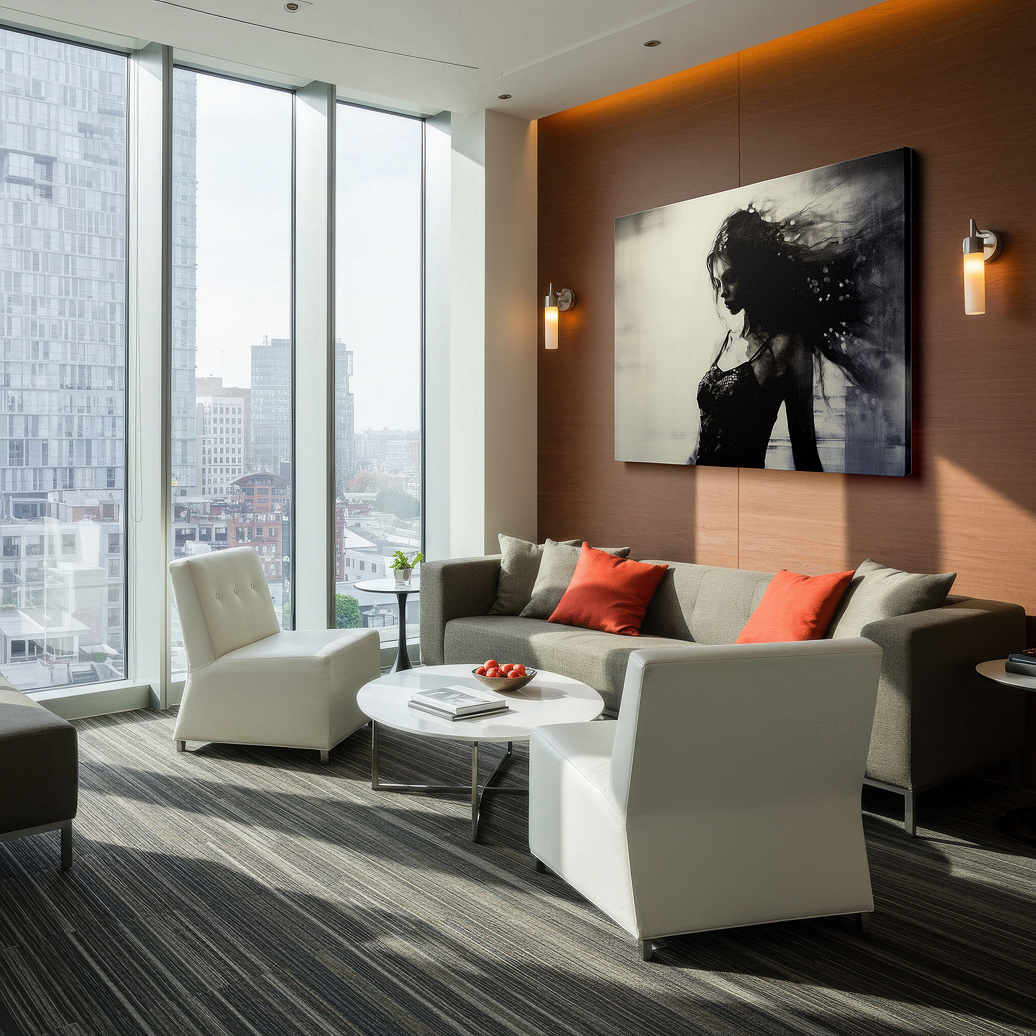 Set in a minimalist interior with textured walls and soft rugs — monochromatic essence of femininity: timeless light and shadow interplay, large canvas wall art for office decor