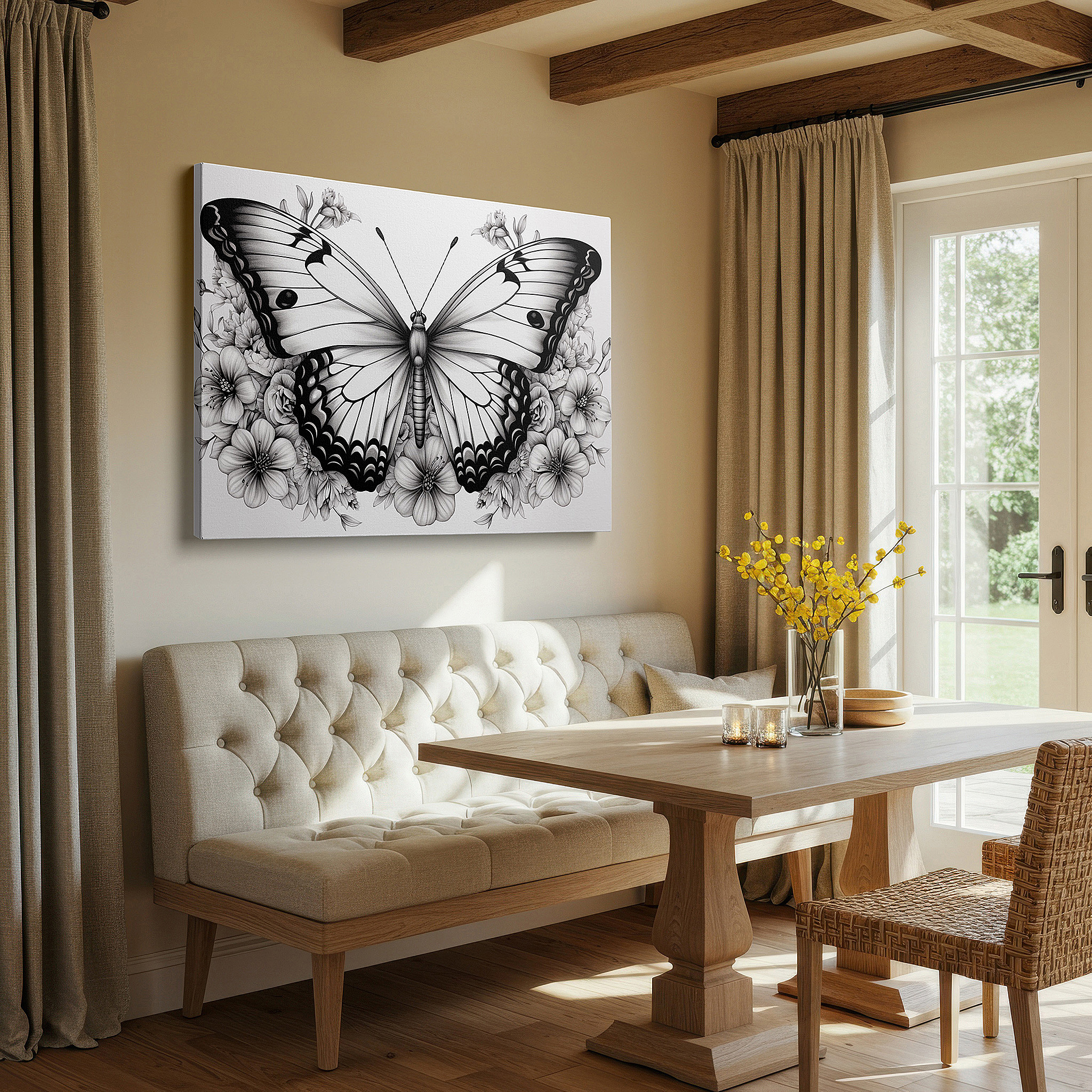 Set in a minimalist interior with textured walls and soft rugs — monochrome butterfly on flowers large canvas wall art for office and bedroom decor