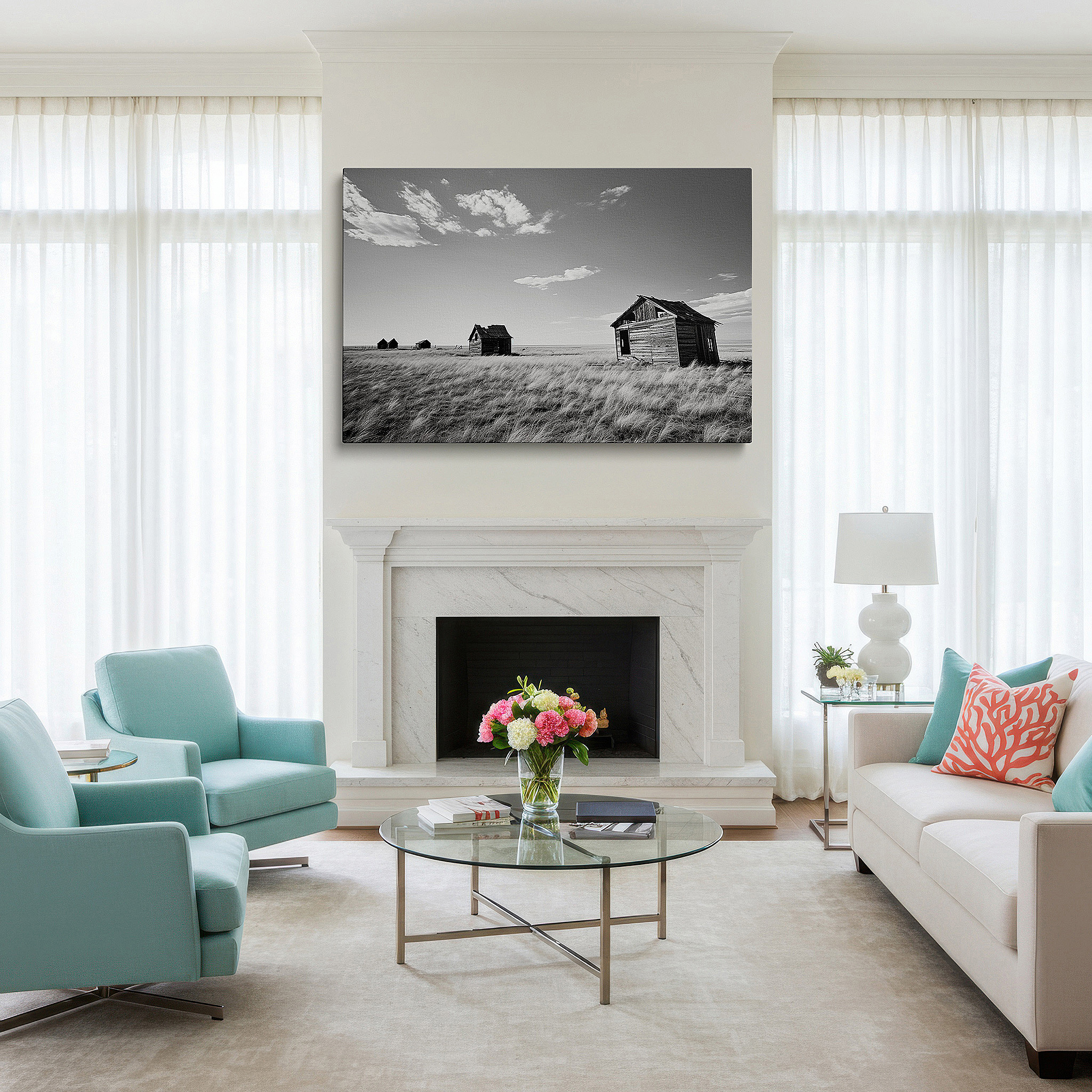 Set in a minimalist interior with textured walls and soft rugs — monochrome elegance: forgotten decay and time's reclamation - large landscape wall art, canvas decor for office