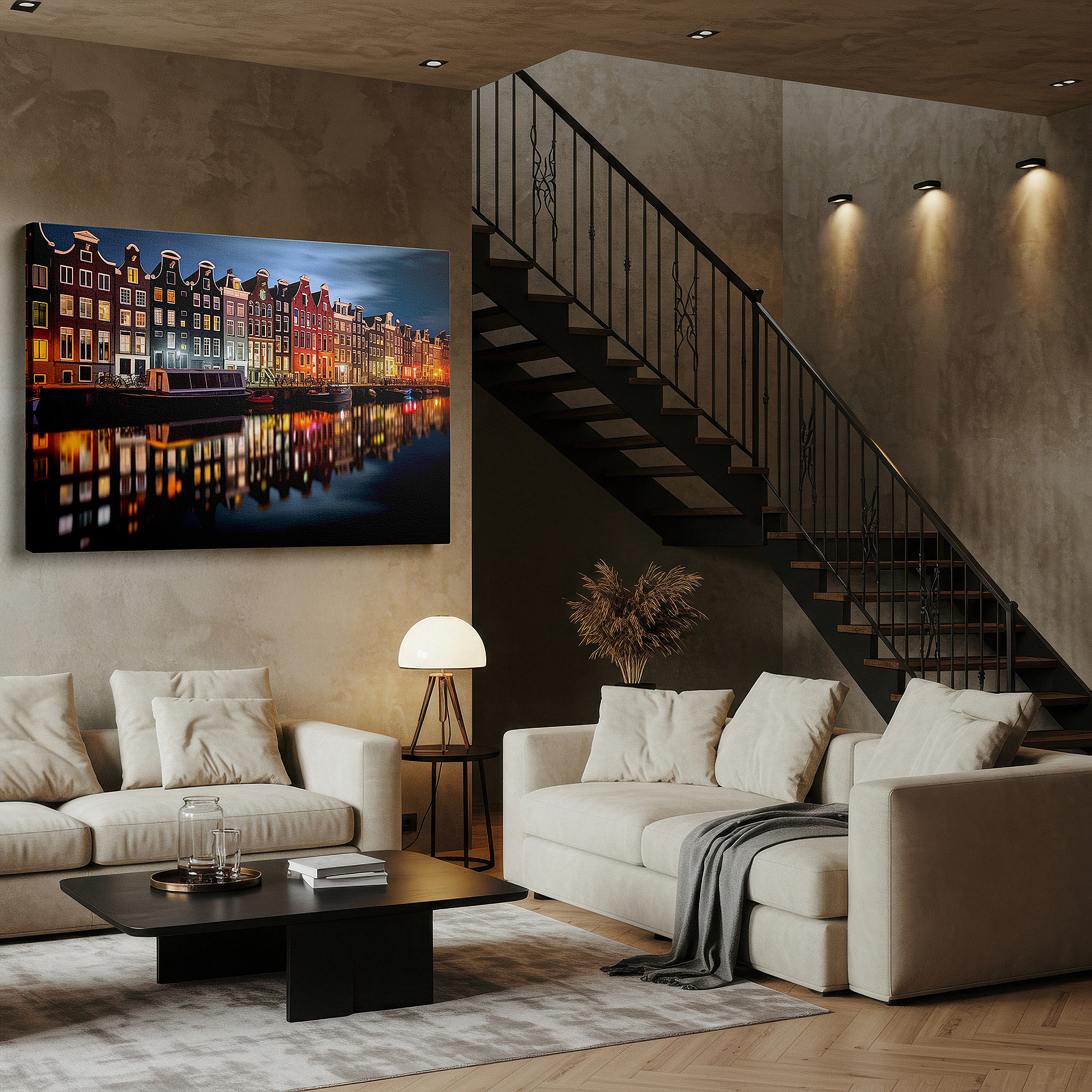 Set in a minimalist interior with textured walls and soft rugs — moonlit amsterdam: enchanting canals and serene architecture large wall art, canvas wall art, wall decor for office
