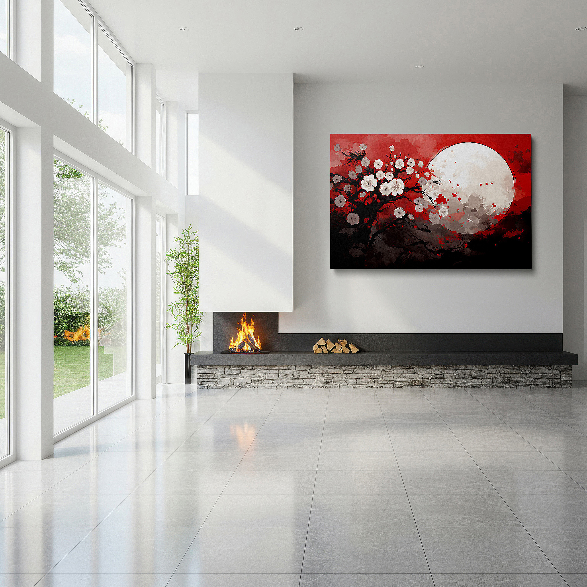 Set in a minimalist interior with textured walls and soft rugs — moonlit cherry blossoms on a striking red background large canvas wall art, office decor