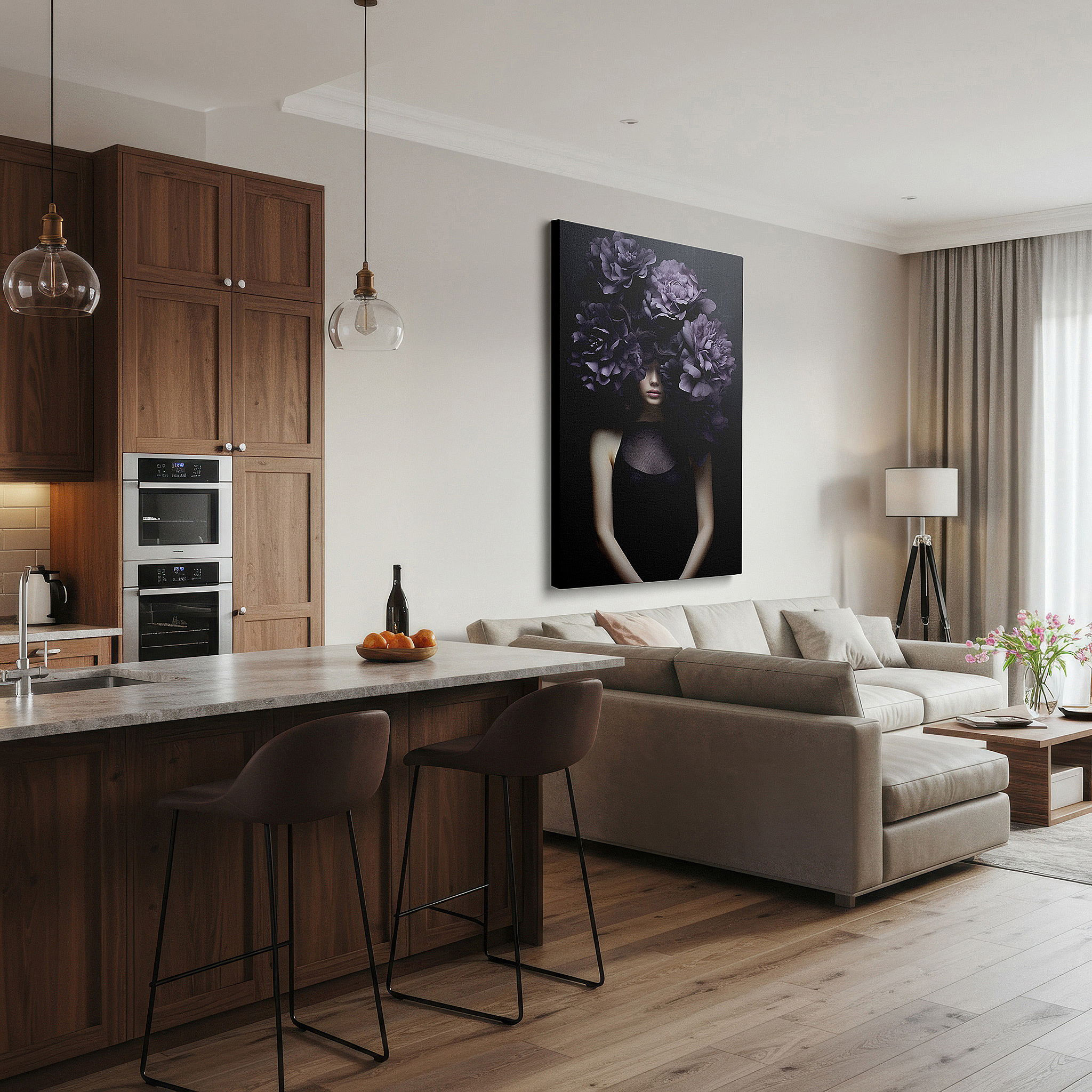 Set in a minimalist interior with textured walls and soft rugs — mysterious charm of nature in chiaroscuro: large wall art for offices, bedrooms, and living rooms