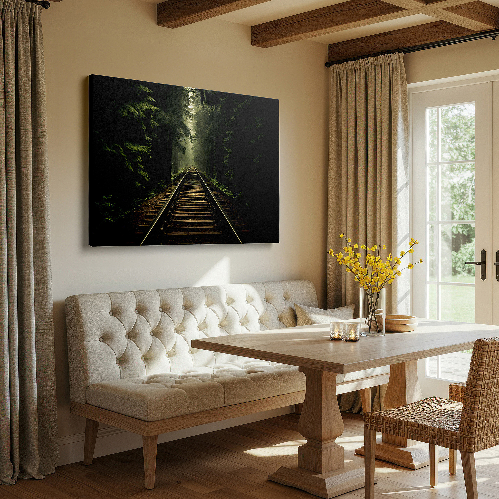 Set in a minimalist interior with textured walls and soft rugs — mysterious mist-covered railway tracks through a lush forest, large wall art, canvas wall art, wall decor for office