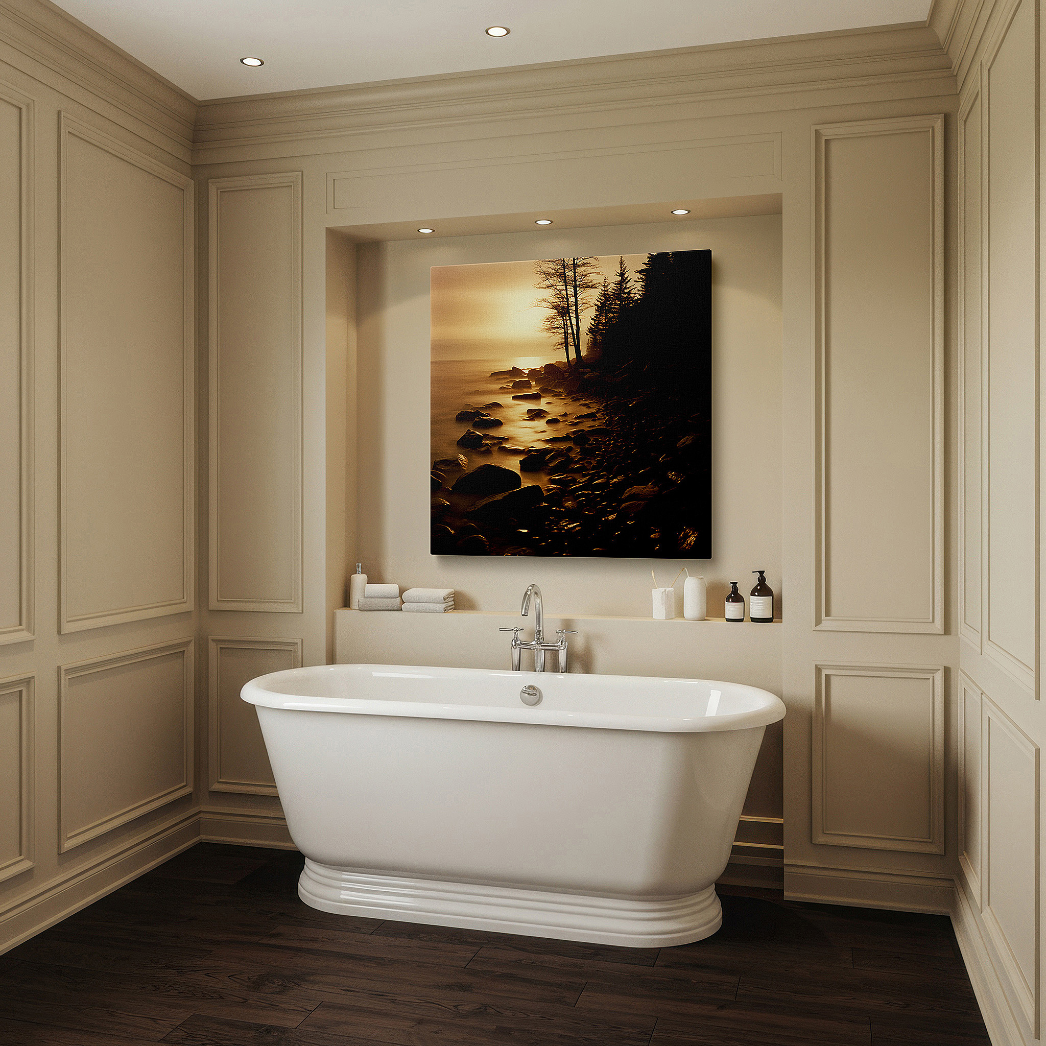 Set in a minimalist interior with textured walls and soft rugs — mystical shoreline at dusk: tranquil light and shadow interplay - large wall art, canvas, decor for office and bedroom
