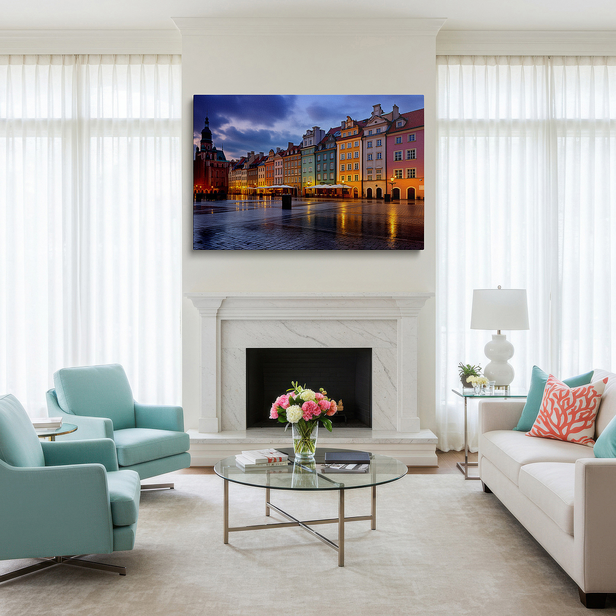 Set in a minimalist interior with textured walls and soft rugs — old town square at dusk: a captivating fusion of historic charm and city life - large wall art, canvas wall art, wall decor for office