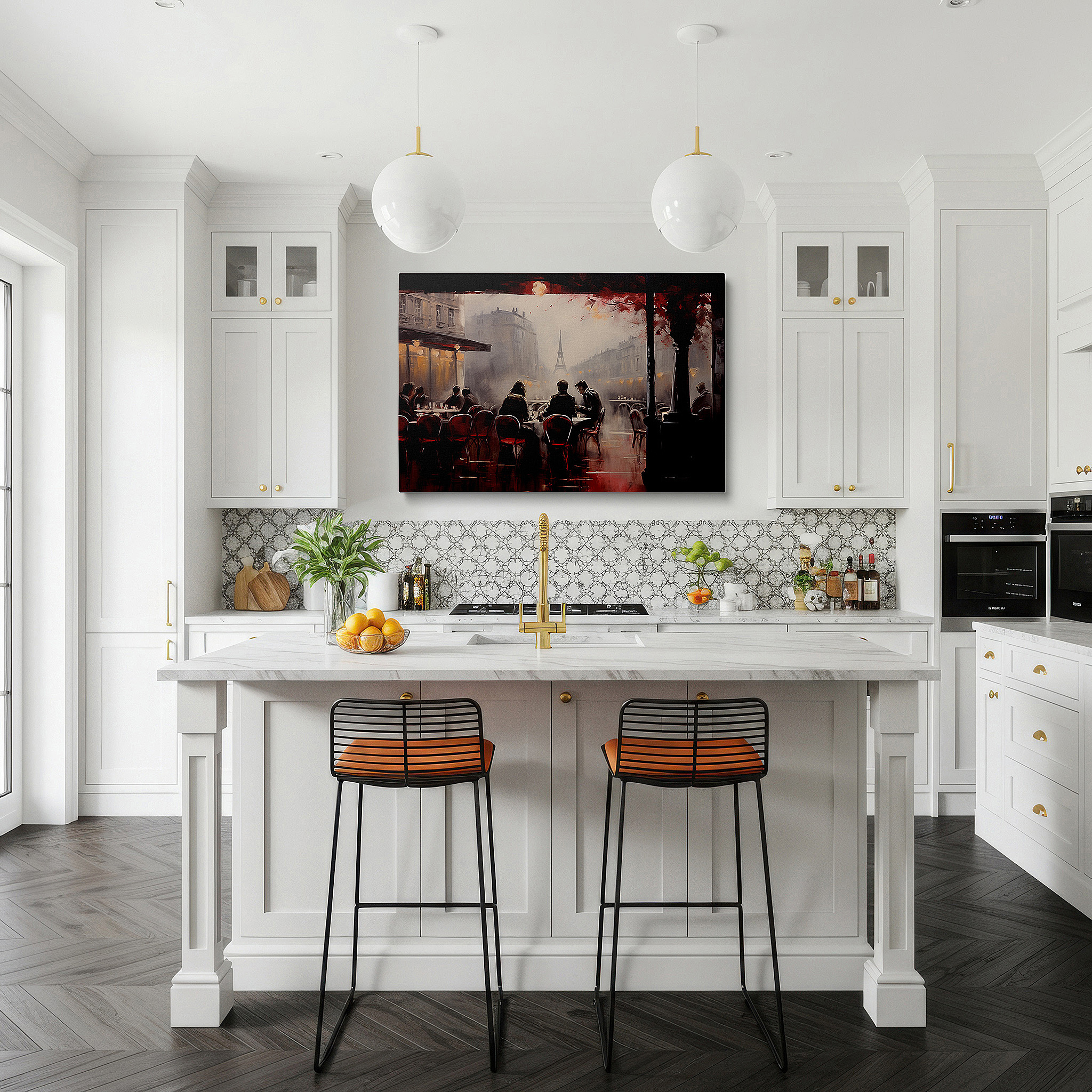 Set in a minimalist interior with textured walls and soft rugs — parisian café scene with red awnings and eiffel tower view large canvas wall art for office and bedroom decor