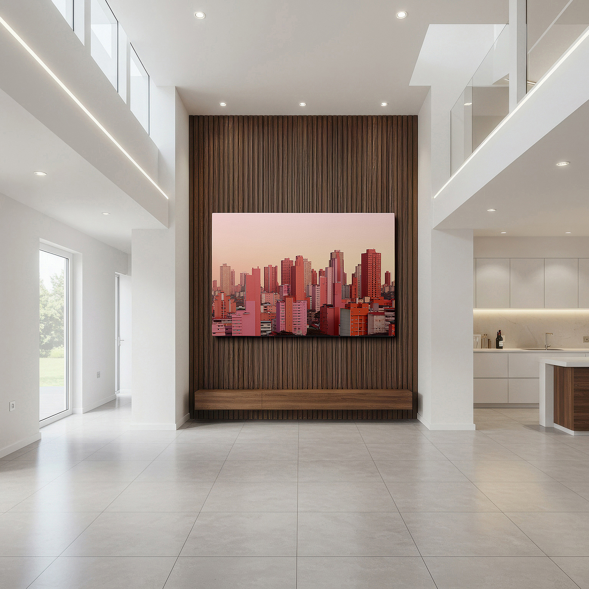 Set in a minimalist interior with textured walls and soft rugs — pink-hued sunset skyline: urban elegance, tranquil city strength and twilight serenity - large canvas wall art decor