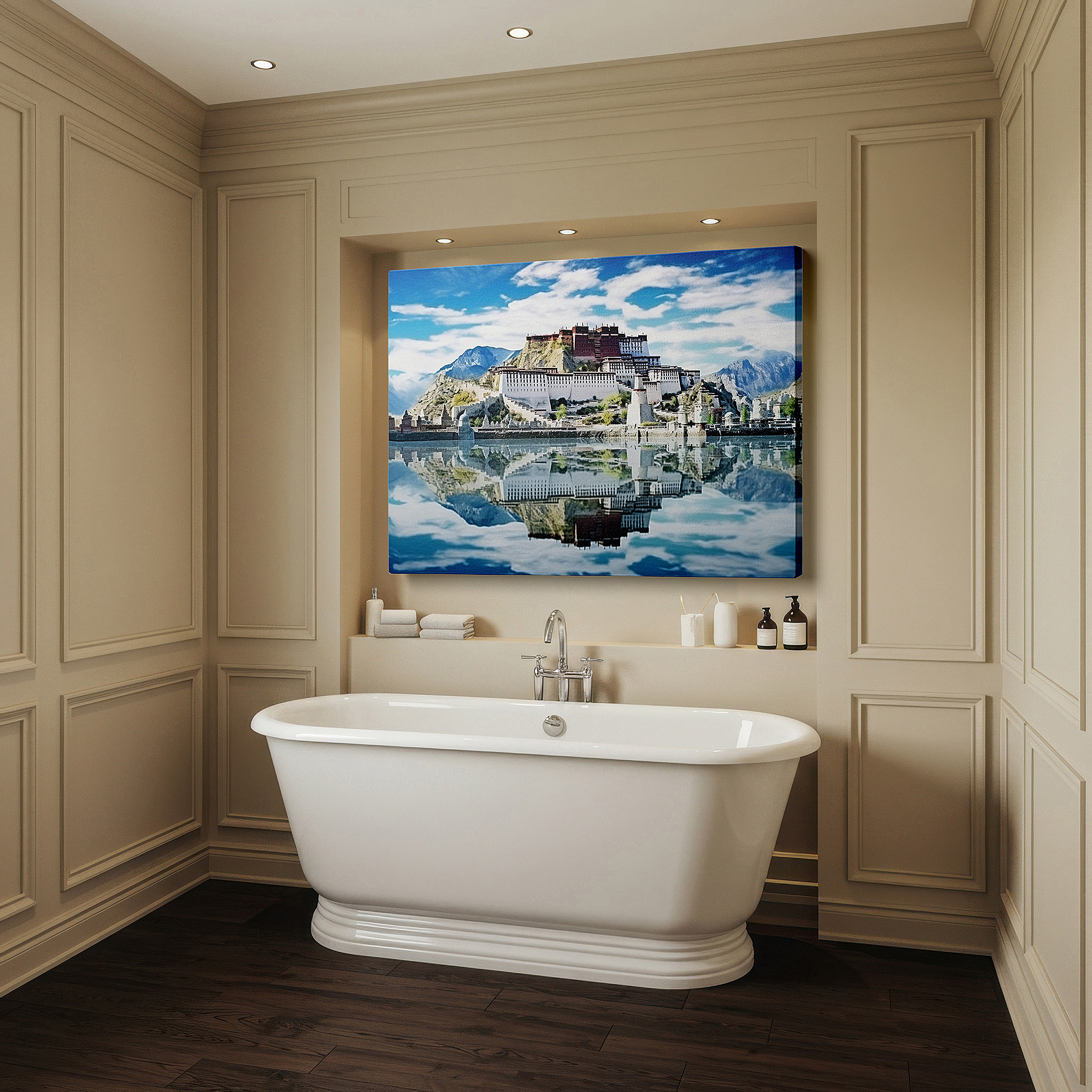 Set in a minimalist interior with textured walls and soft rugs — potala palace majestic view with blue skies and reflective tibetan waters - large canvas wall art for office and bedroom decor