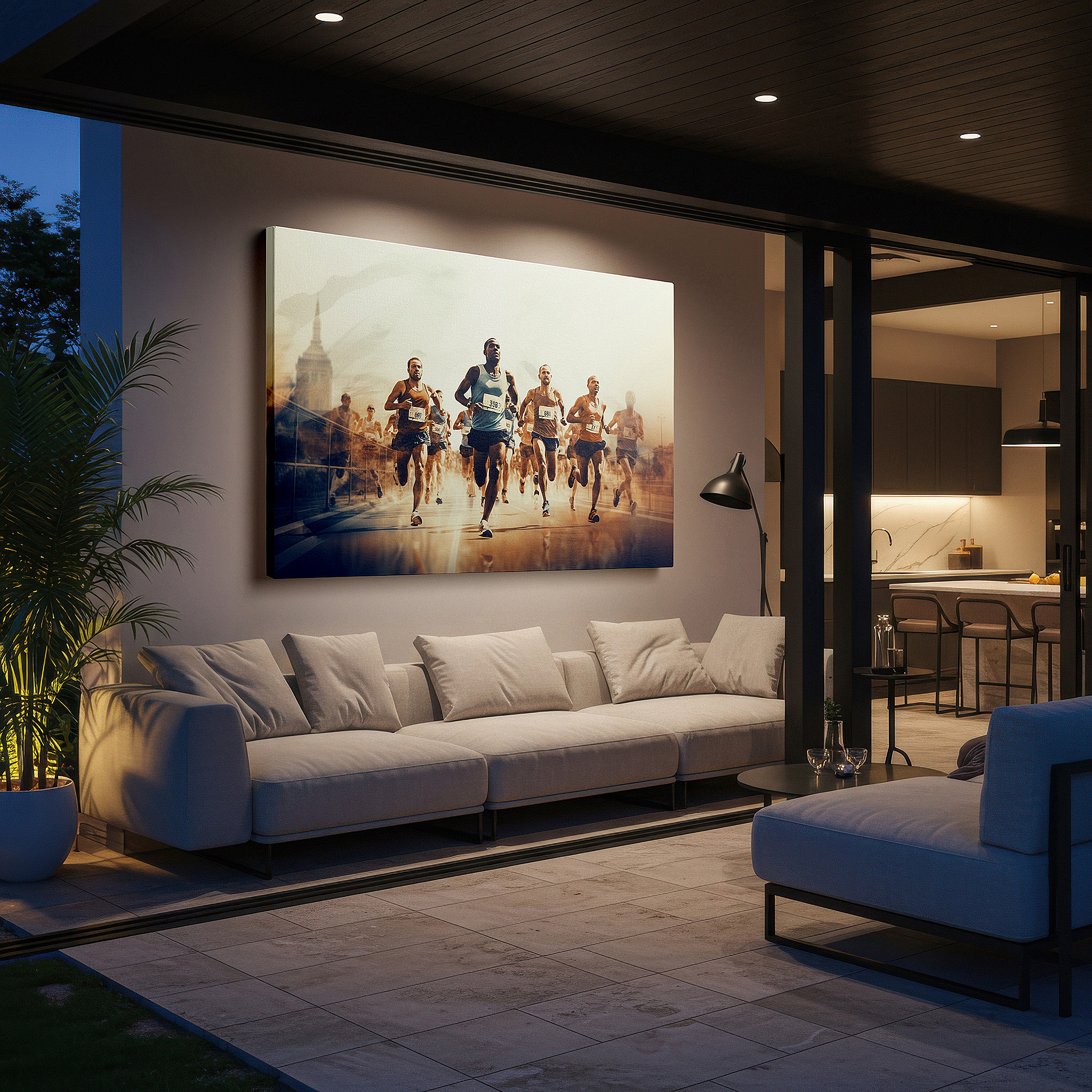 Set in a minimalist interior with textured walls and soft rugs — race to victory: capturing the spirit and excellence of runners - large canvas wall art for office decor