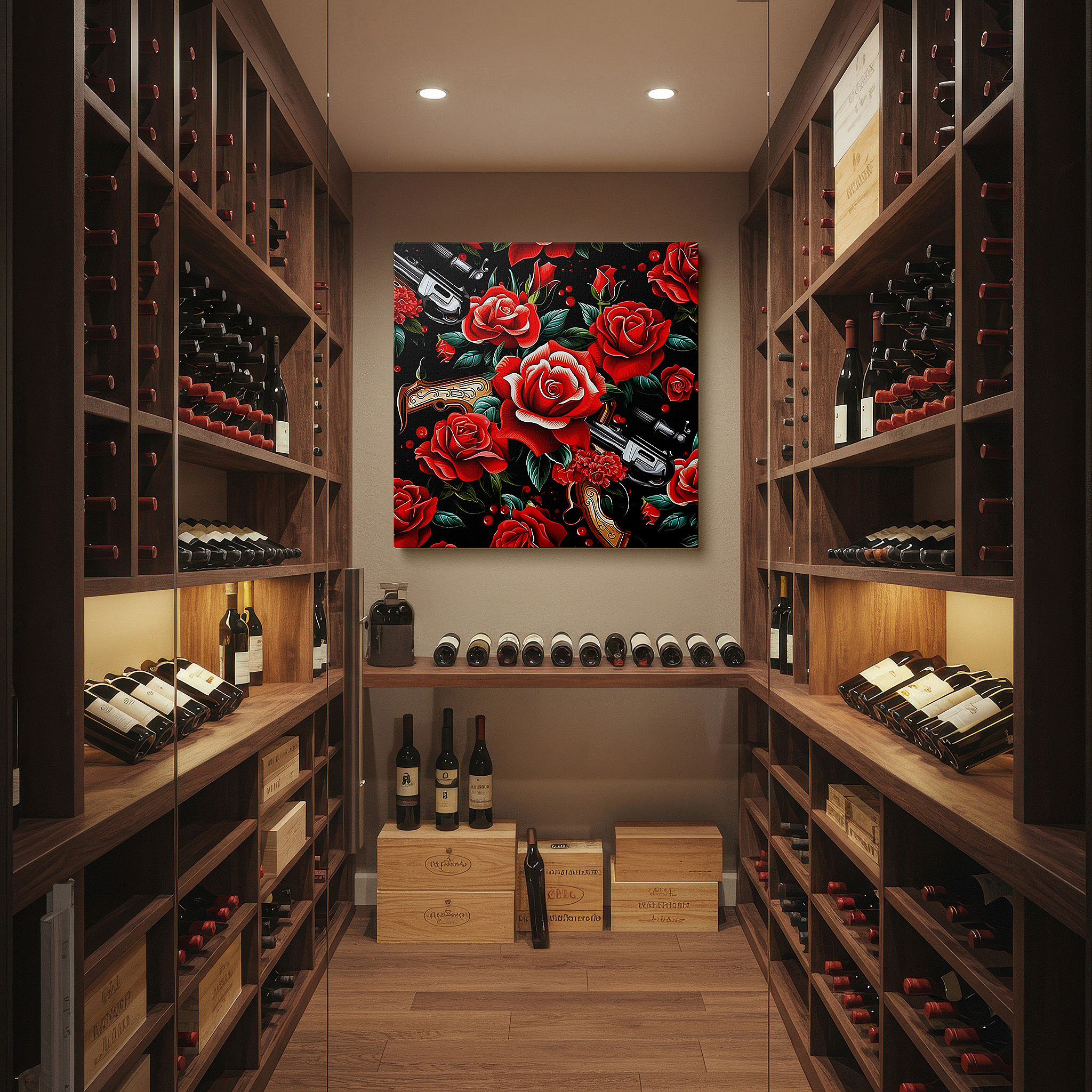 Set in a minimalist interior with textured walls and soft rugs — roses and guns: a bold contrast of softness and peril - oversized wall art, canvas art, home and office decor