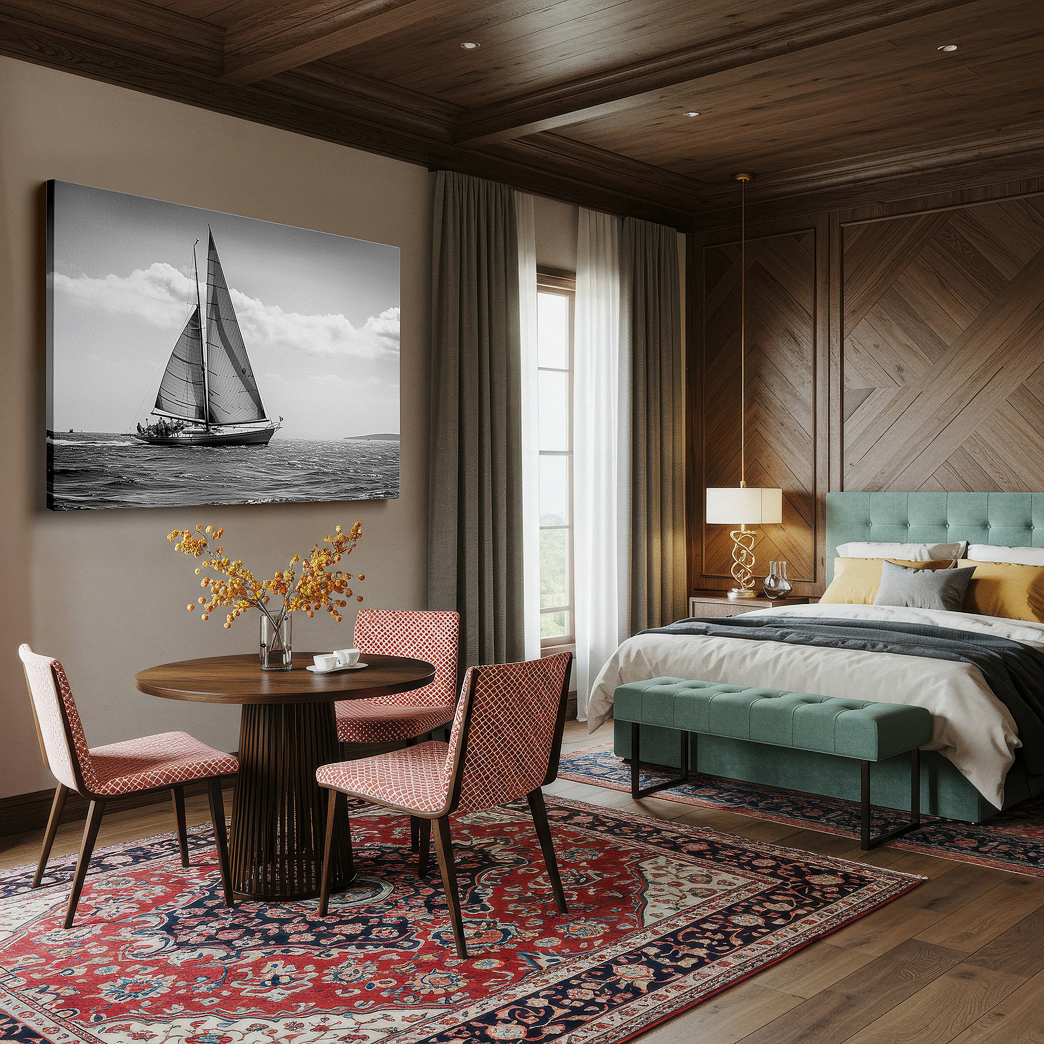 Set in a minimalist interior with textured walls and soft rugs — sailing into solitude - a monochrome voyage of tranquility and reflection: large wall art, canvas wall art, wall decor for office and bedroom
