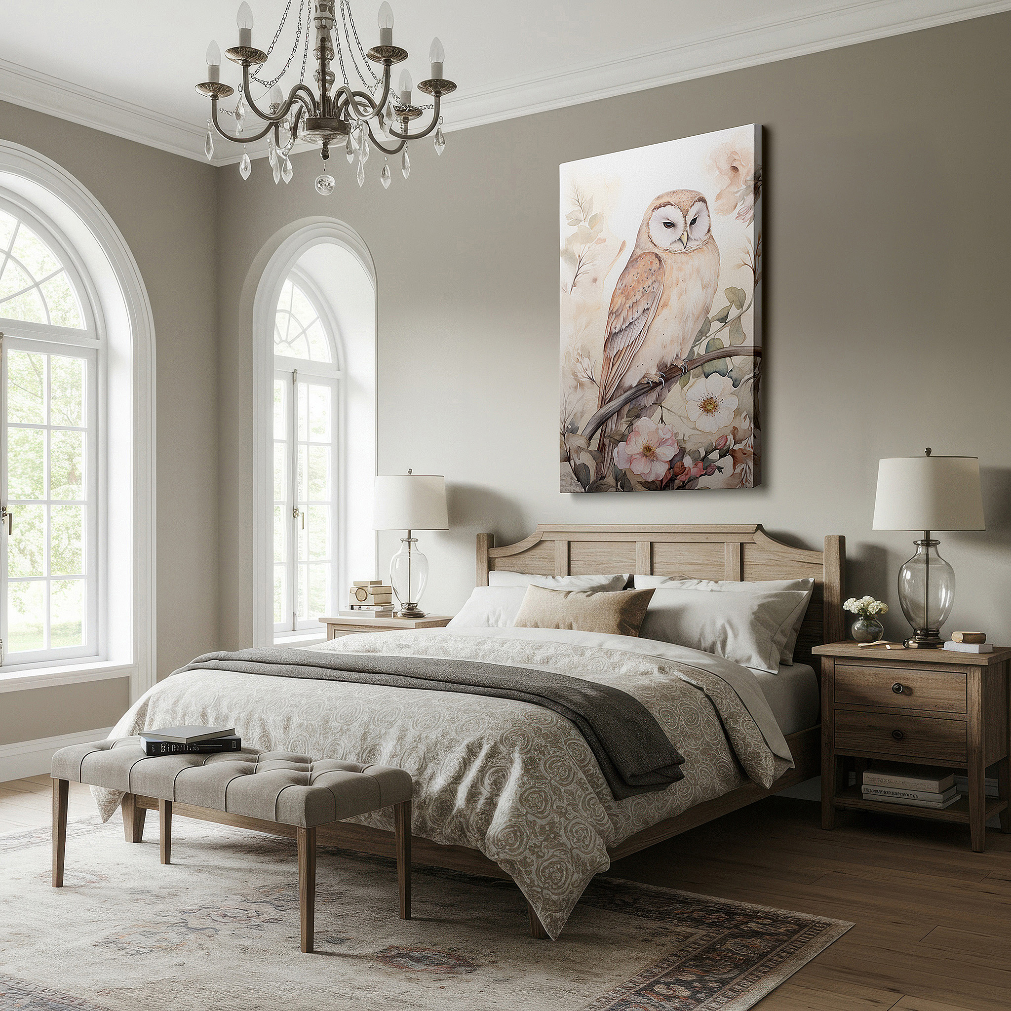 Set in a minimalist interior with textured walls and soft rugs — serene barn owl and lush florals wall art: tranquil nature tapestry, large canvas for home and office decor