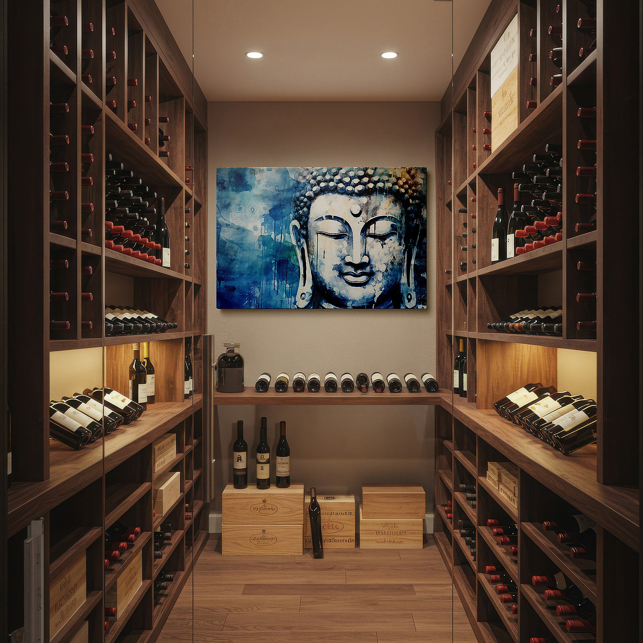 Set in a minimalist interior with textured walls and soft rugs — serene buddha portrait in calming blue: a tranquil and mystical display of spiritual depth - large canvas wall art for home and office decor