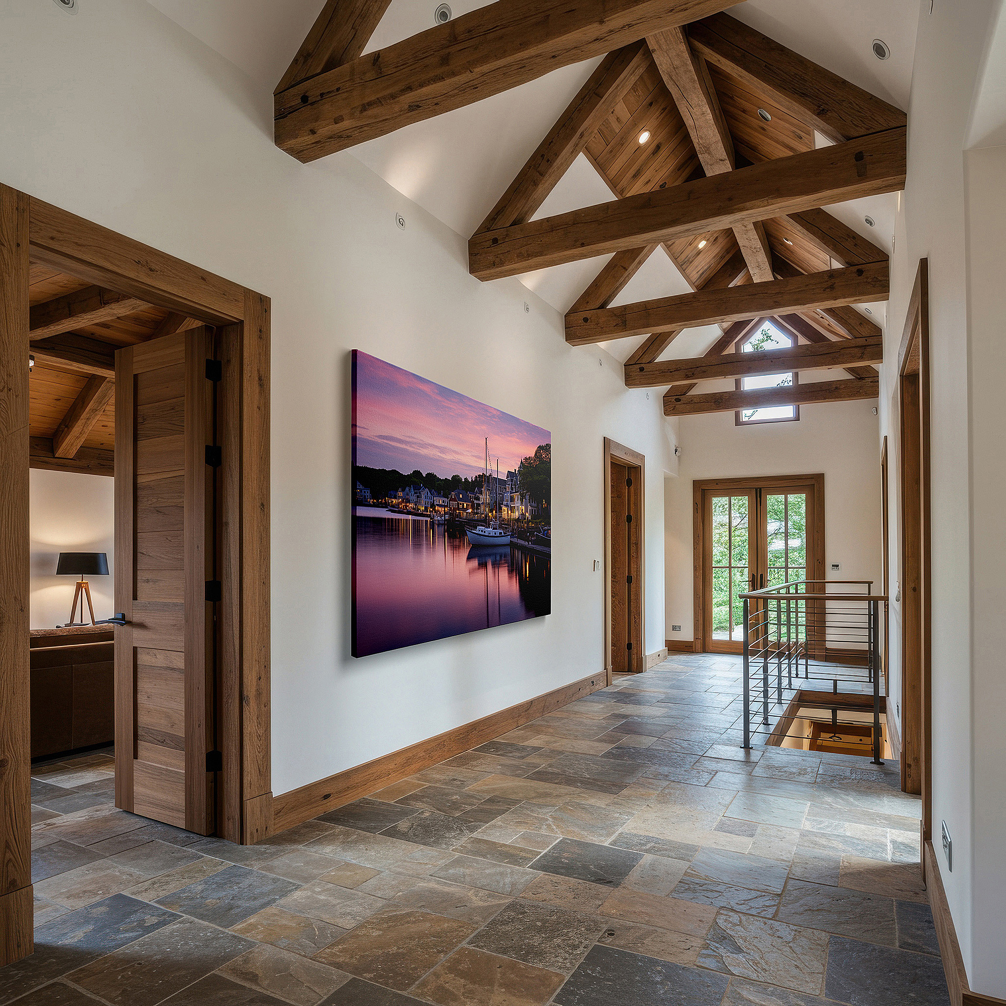 Set in a minimalist interior with textured walls and soft rugs — serene dockside dusk - tranquil coastal evening wall art in vibrant hues, large canvas for home and office decor, perfect for living room and bedroom