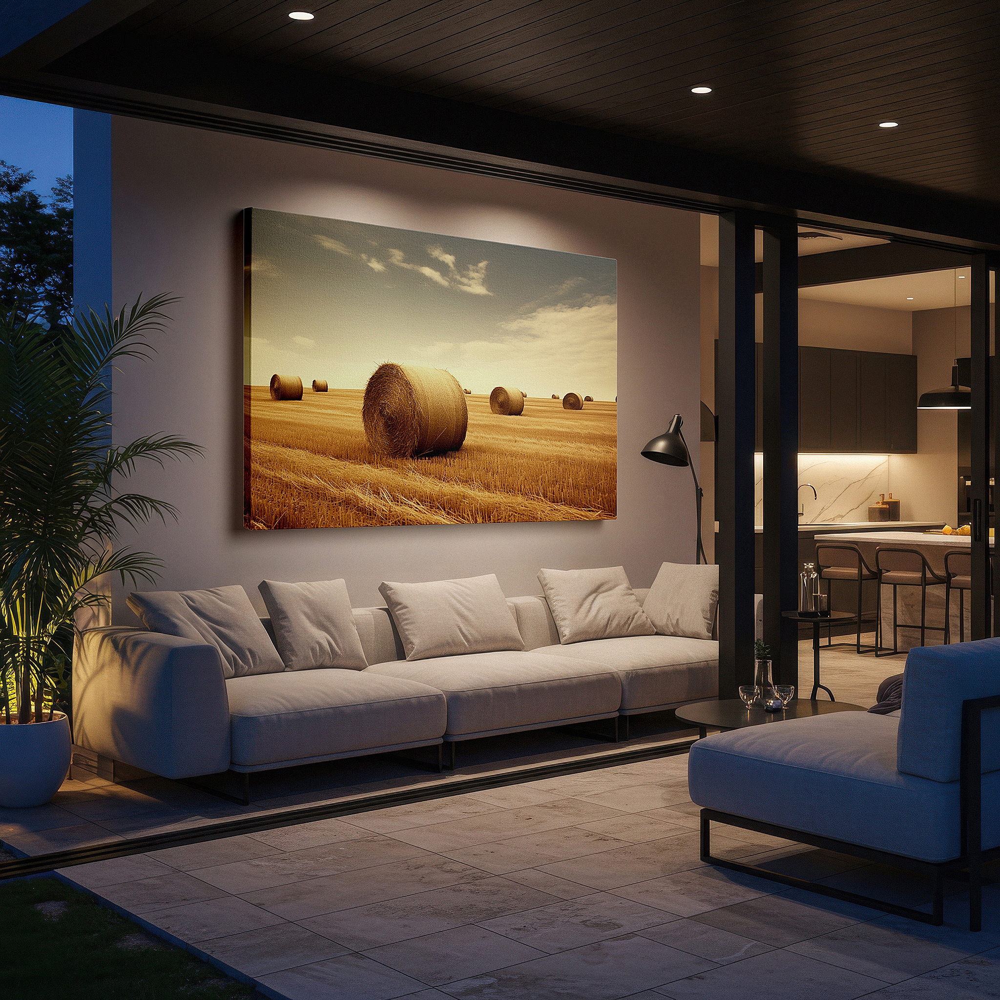 Set in a minimalist interior with textured walls and soft rugs — serene fields and striking skies: large canvas wall art featuring peaceful landscapes and golden hay bales, perfect for home or office decor