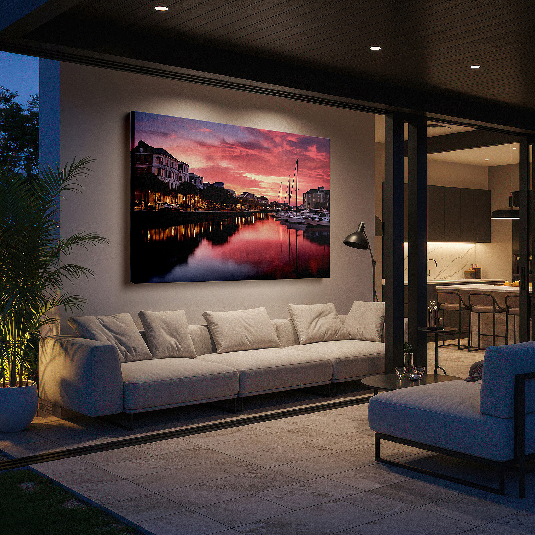 Set in a minimalist interior with textured walls and soft rugs — serene harbor sunset wall art featuring vibrant skies and calm waters - perfect for home or office decor, large canvas print