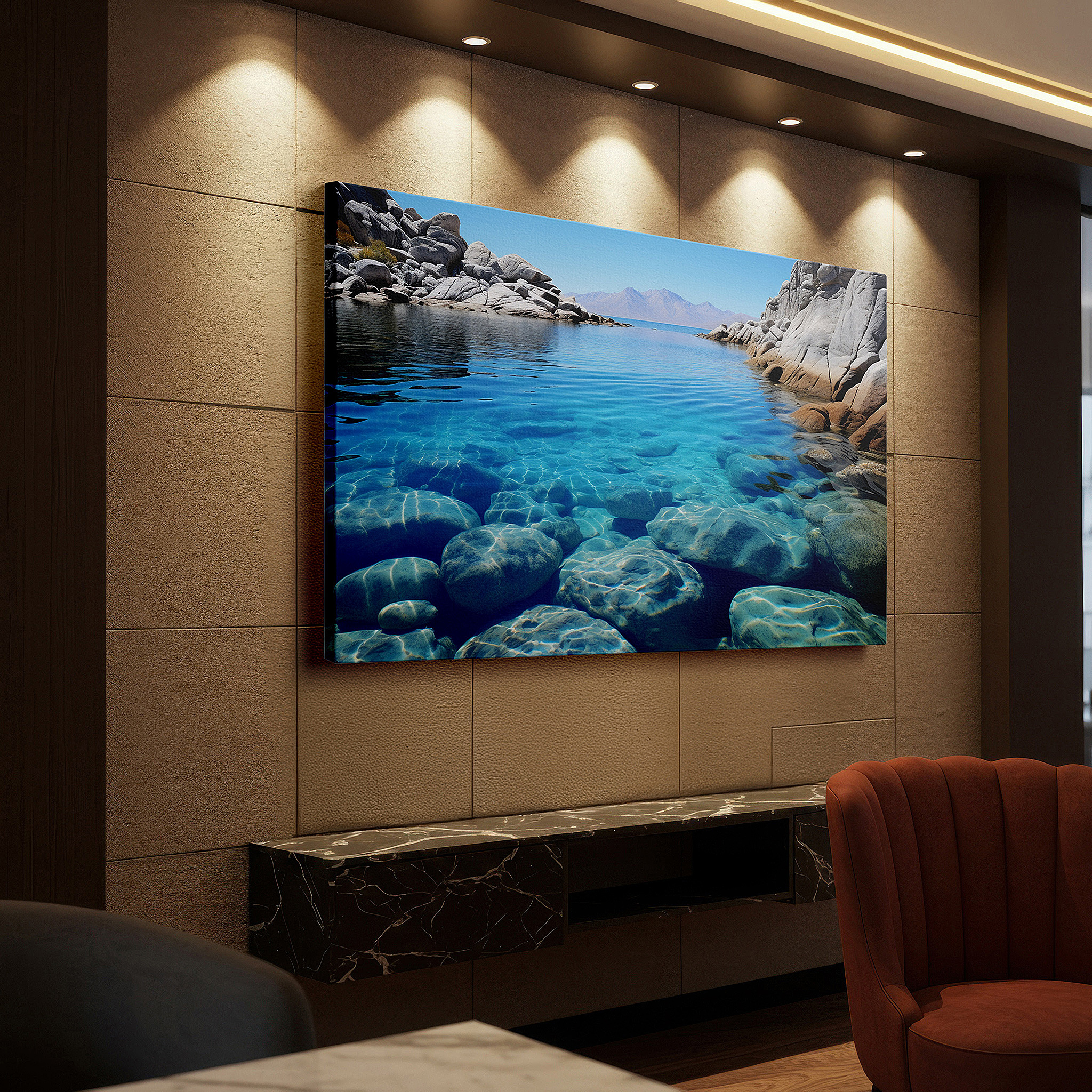 Set in a minimalist interior with textured walls and soft rugs — serene lakeside reflections and rugged shores - tranquil nature escape large wall art, canvas wall art, wall decor for office