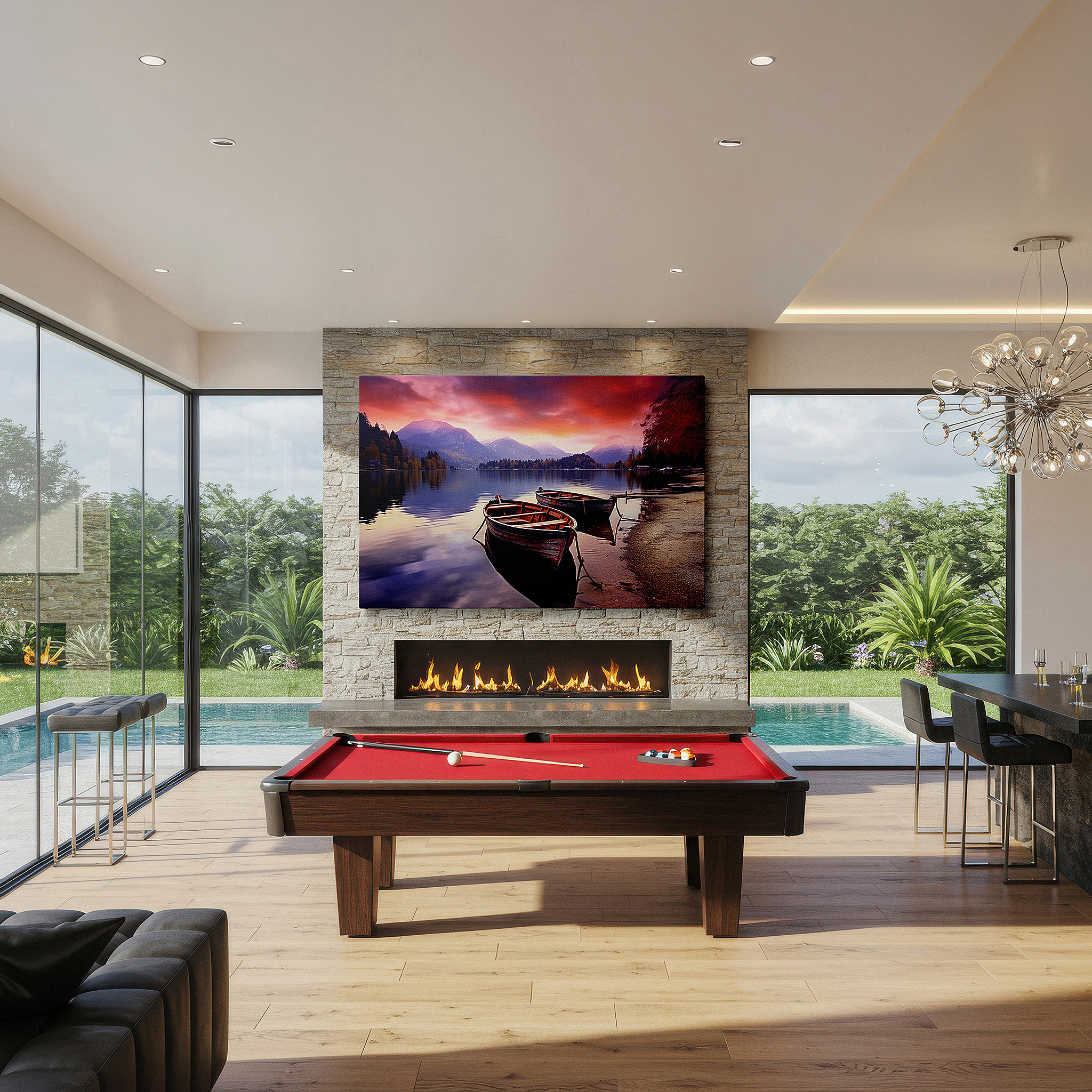 Set in a minimalist interior with textured walls and soft rugs — serene lakeside sunset featuring rowboats and stunning mountain reflections - large canvas wall art for office and bedroom decor