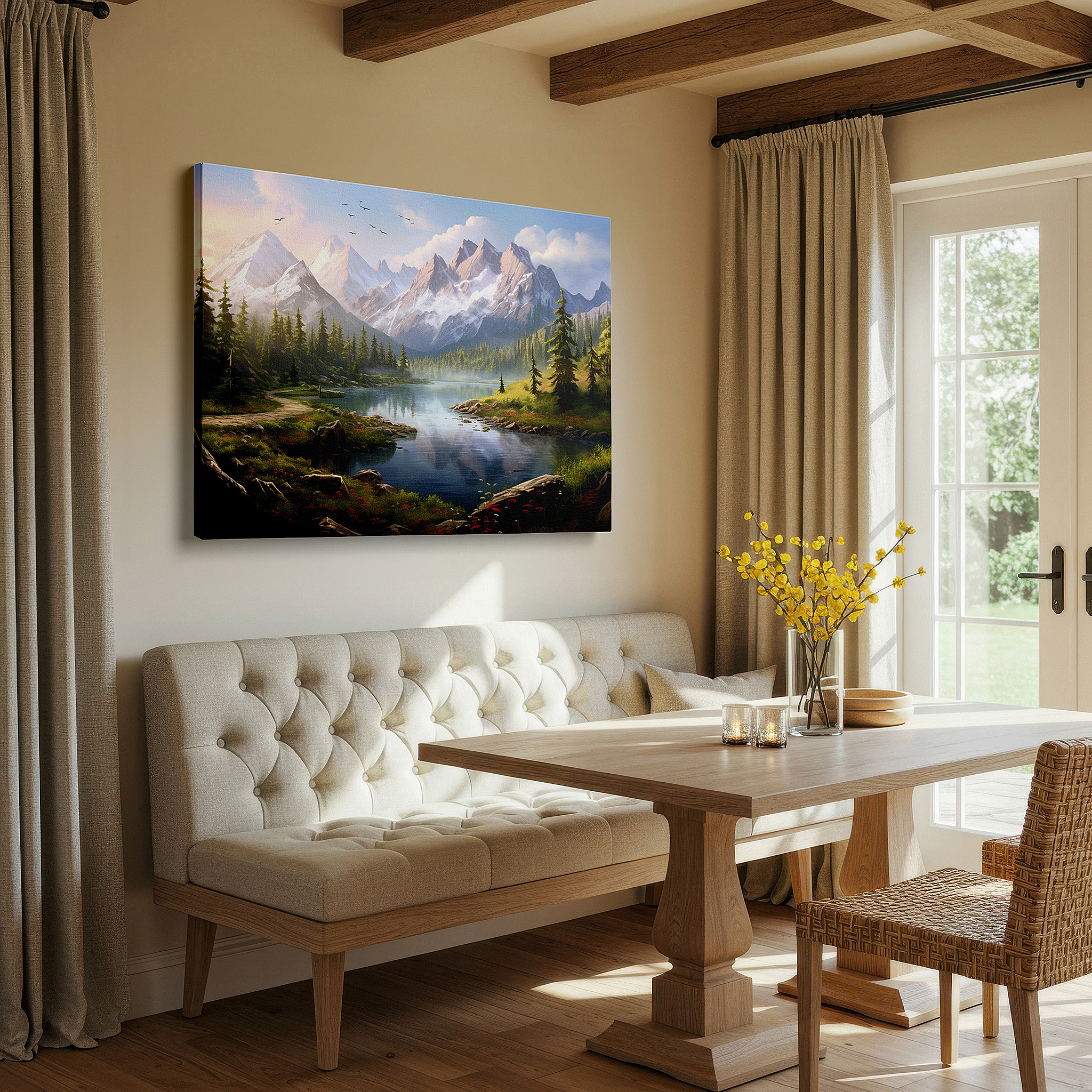 Set in a minimalist interior with textured walls and soft rugs — serene landscape with majestic mountains and tranquil lake reflections: large canvas wall art for office and bedroom decor