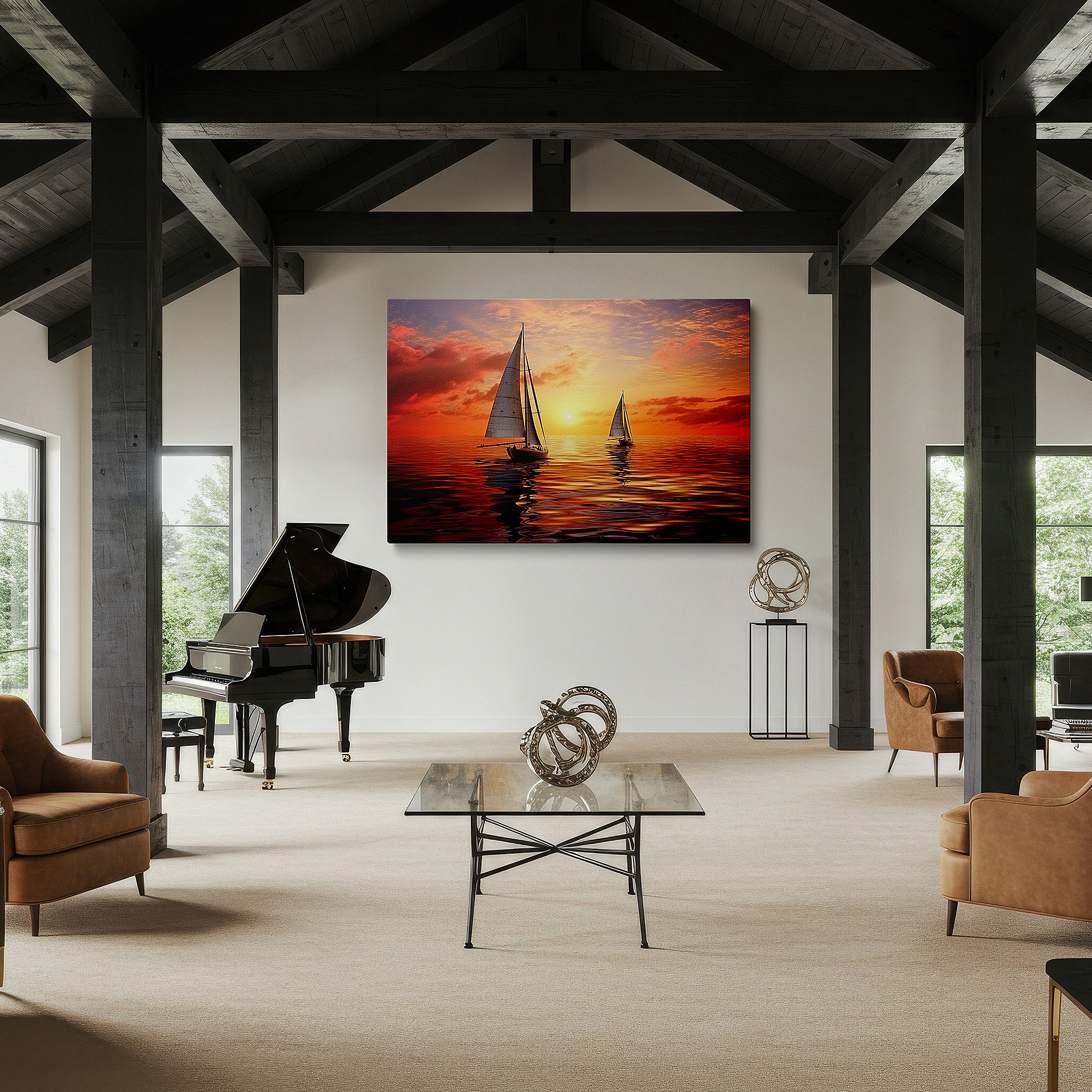 Set in a minimalist interior with textured walls and soft rugs — serene maritime scene with sailboats at sunset - large canvas wall art for office, bedroom, and living room decor