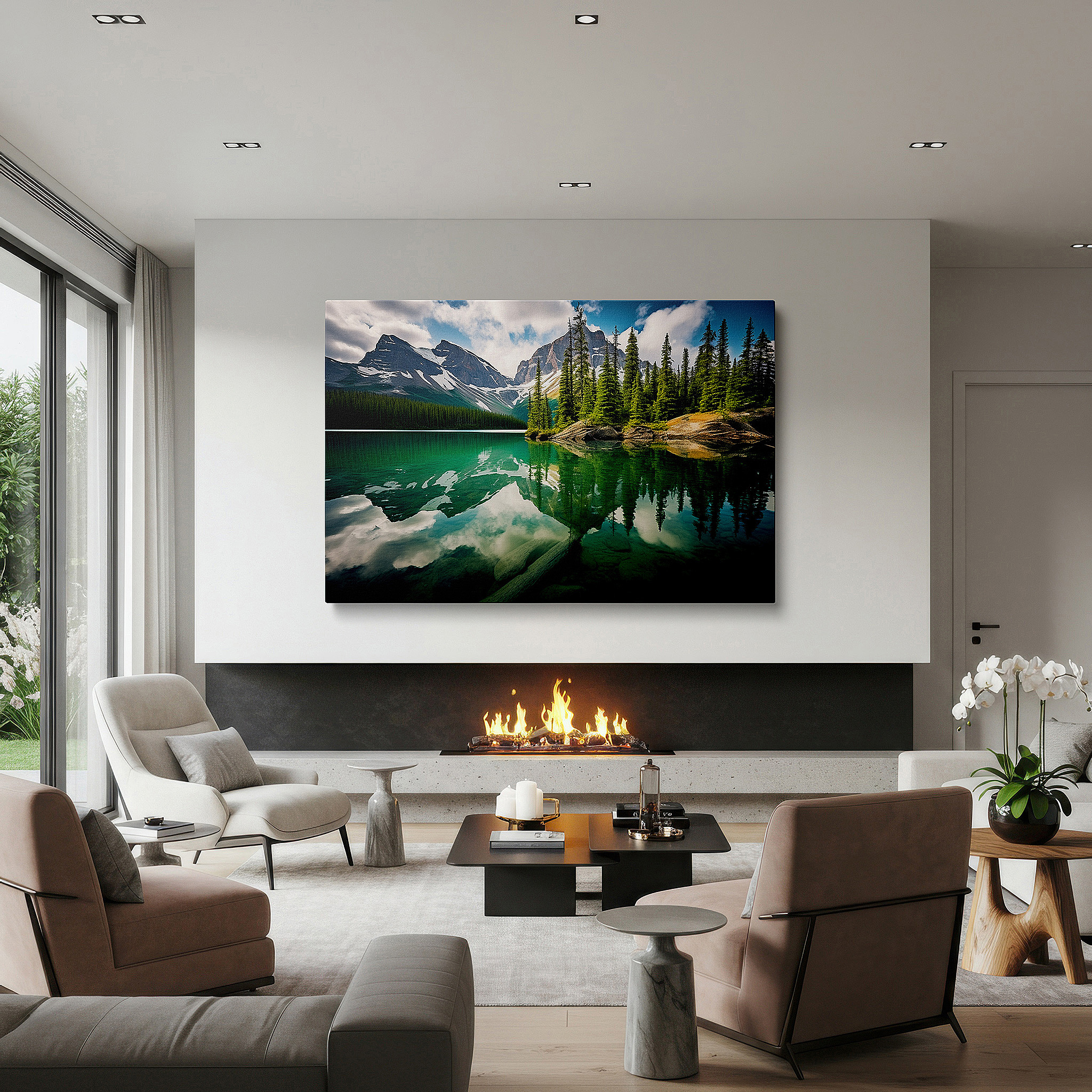 Set in a minimalist interior with textured walls and soft rugs — serene mountain lake and majestic peaks wall art: tranquil waters and large canvas decor for office and bedroom