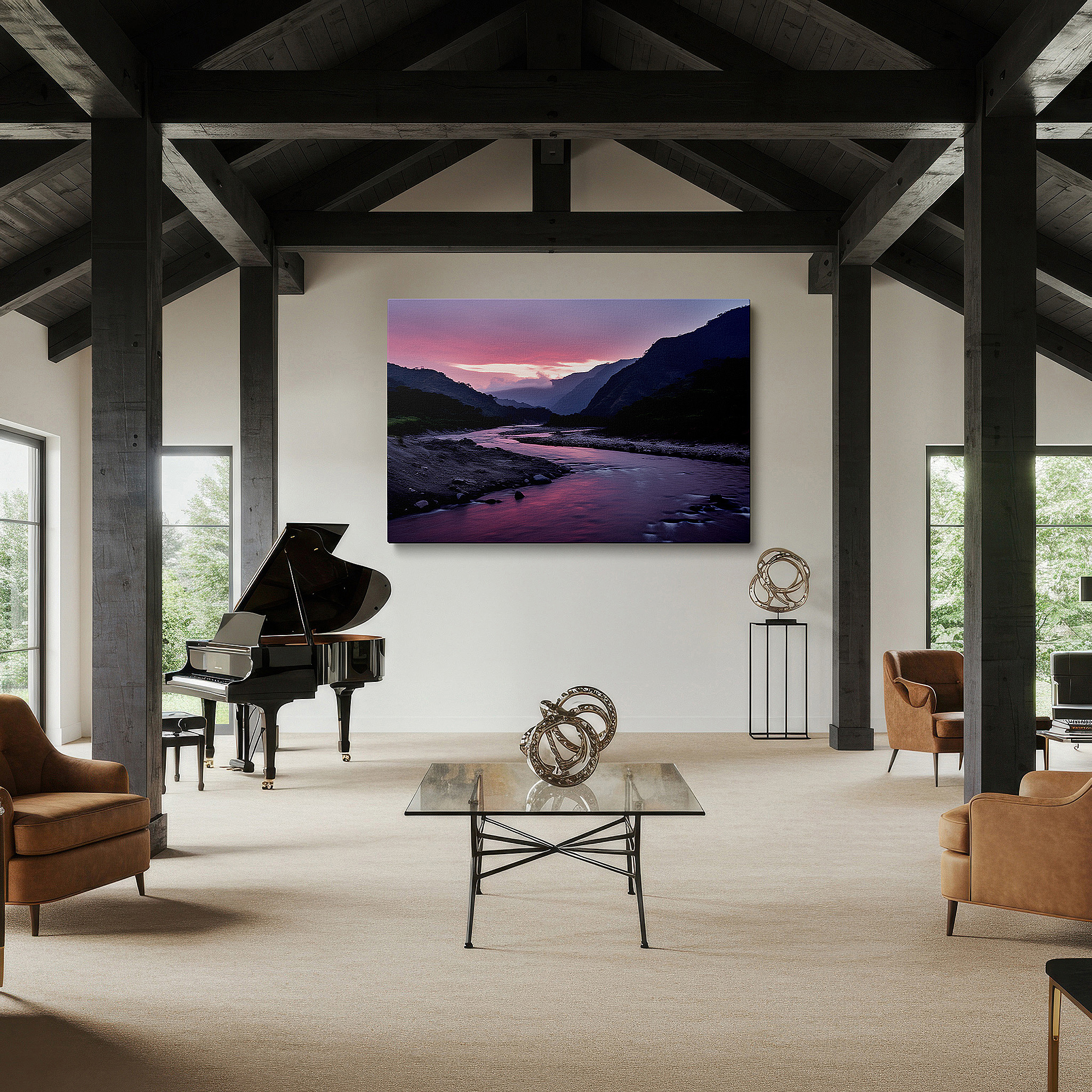 Set in a minimalist interior with textured walls and soft rugs — serene riverbed at sunset: large canvas wall art featuring tranquil fiery skies and reflective waters, ideal for office wall decor
