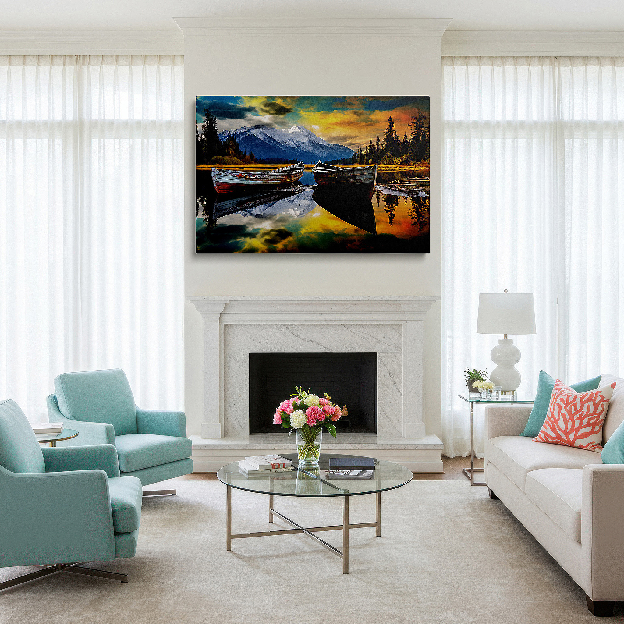 Set in a minimalist interior with textured walls and soft rugs — serene sunset boats on a mountain lake canvas print: large wall art depicting nature's grandeur and inner peace for home and office decor